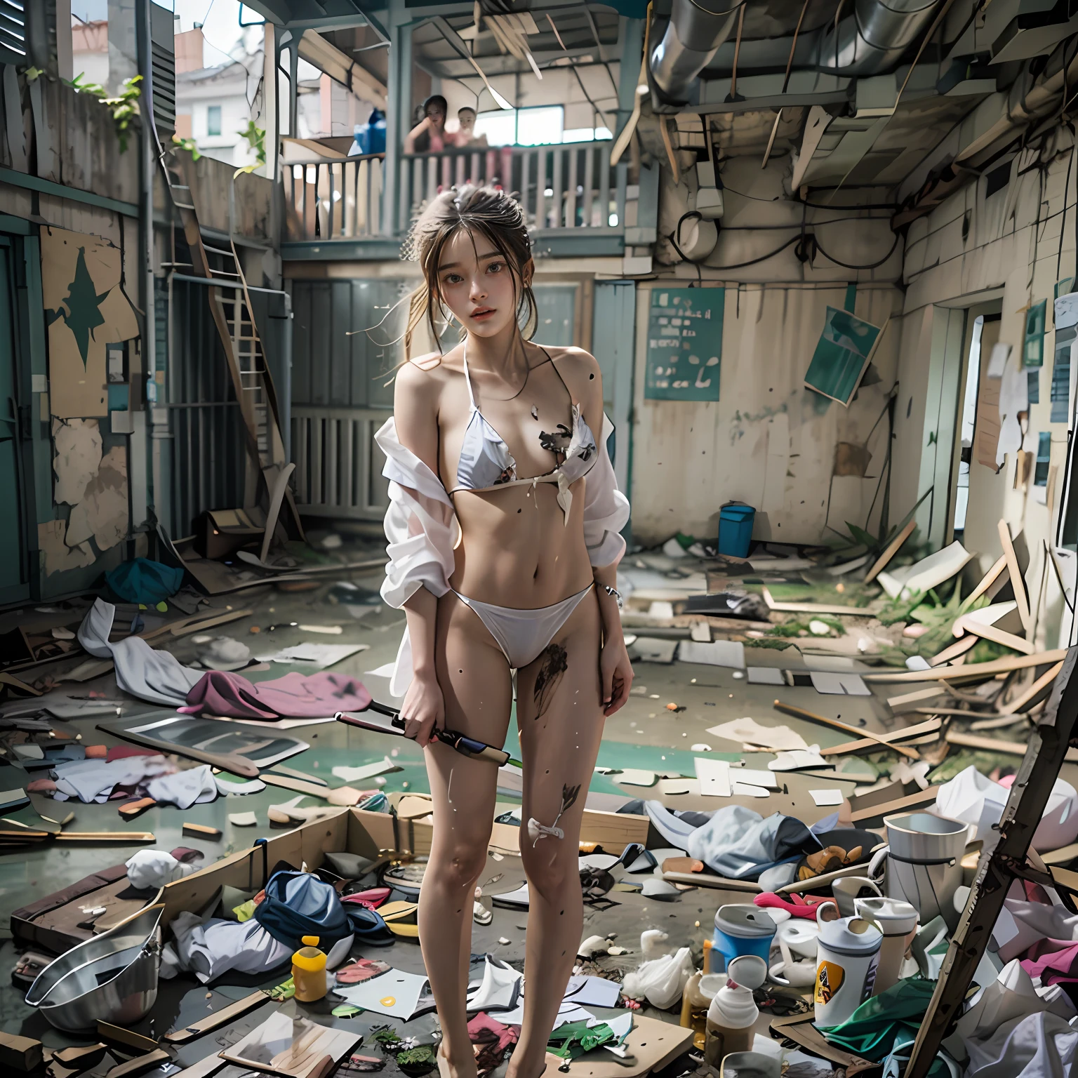 Abandoned schools,Sexy standing pose,White transparent bikini,Exposing the genitals ,Garbage all over the ground,Dilapidated,Devastated,best qualtiy,full-body portraits(1:1),18 years old girls,lean and slender body,Skinny,Smaller bust,The barefoot,Leaky ,Leakage of all breasts,Naked all over the body