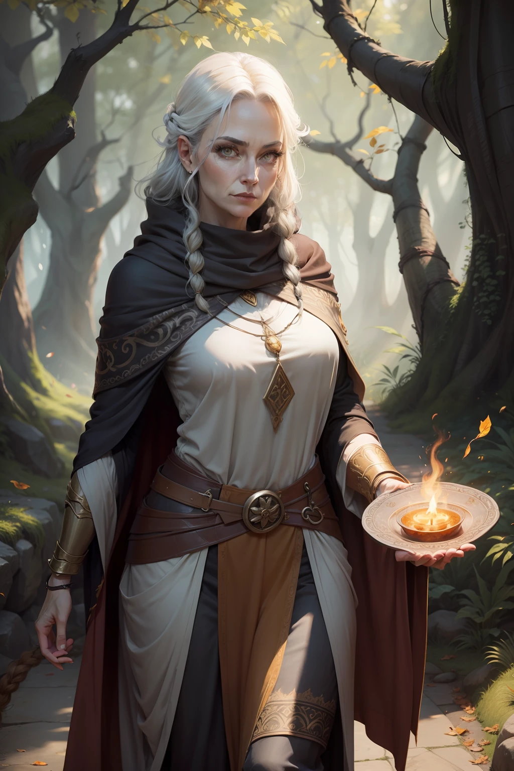 middle aged druid woman, thin, fully clothed, amber eyes