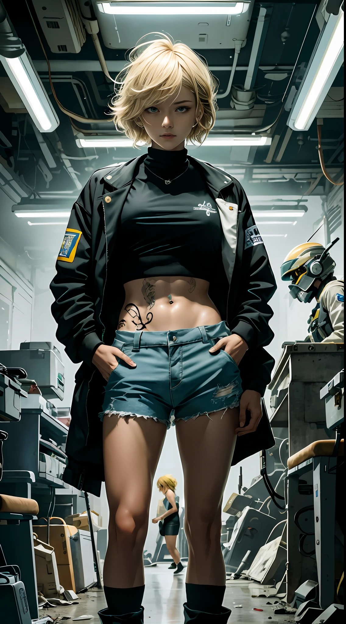 (tmasterpiece,best qualityer),1 girl,blond hairbl,A-line hairstyle,Body,arms crossed behind back,LED panel lights are arranged in a square manner,Imitates existing interior lights,Dystopian slums,Police weapons are controlled by local gangs equipped with hackers,For example, The EMP blaster and Taser shotgun have huge busts,Mermaid line,Abs,Tattooed with,shorter pants,Ultra shorts,Delicate face,Delicate eyes,Blood,Firm eyes,Arrogant eyes, A haughty expression