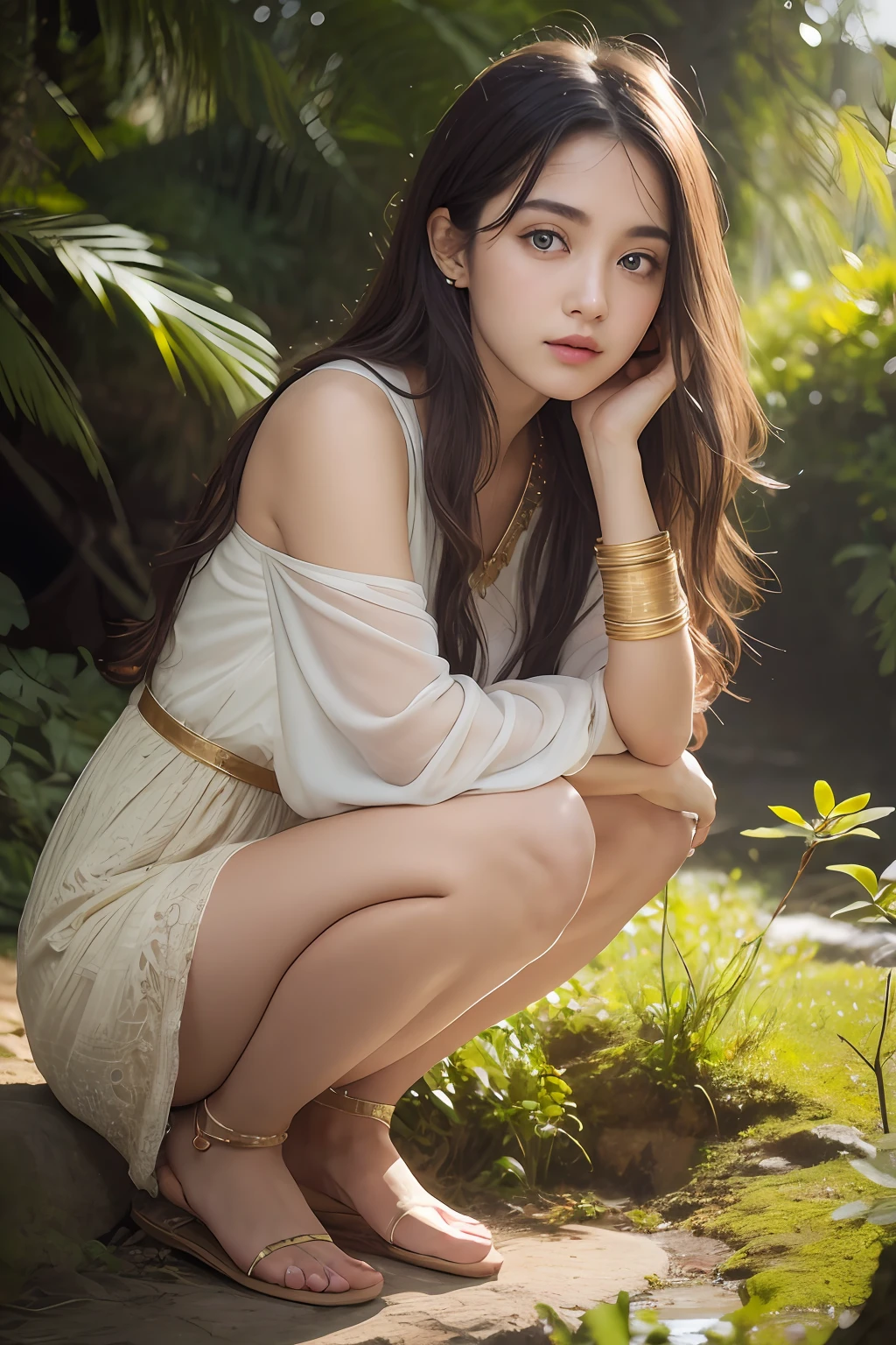 8K Raw photograph,2girls,duo,{2 beautiful women}, best qualtiy,Masterpiece, 超高分辨率,filmgrain,cinematic ligh,looking at viewert,Natural skin texture,Realistic Eyes and Face Details,((Realistic:1.5)),Ulzzang-6500:1.4,((Best quality)), ((Masterpiece)),((Detailed)),(Upper body:1.3),Hug and touch each other, Tease your friend's waist, Breathless friends, Biting a friend's earlobe, crouched,super wide shot,Face focus, Long legs,Curvy, Barefoot,Wide hips, Thin legs, Oversized eyes,Long eyelashes, (Detailed face,beautidful eyes, detailedpupils,detailed clothes features, Clear background:1.3), (armlets, bangle:1.3), Mysterious ancient ruins, floresta exuberante, Deep canyon,bridge,River,cliff,Cloud,lakes,Rock music,Waterfalls, Flowers, Grass,grape trees,tree,bright detail,Sharp,Perfect compounding, Intricate, Sharp focus, Dramatic,