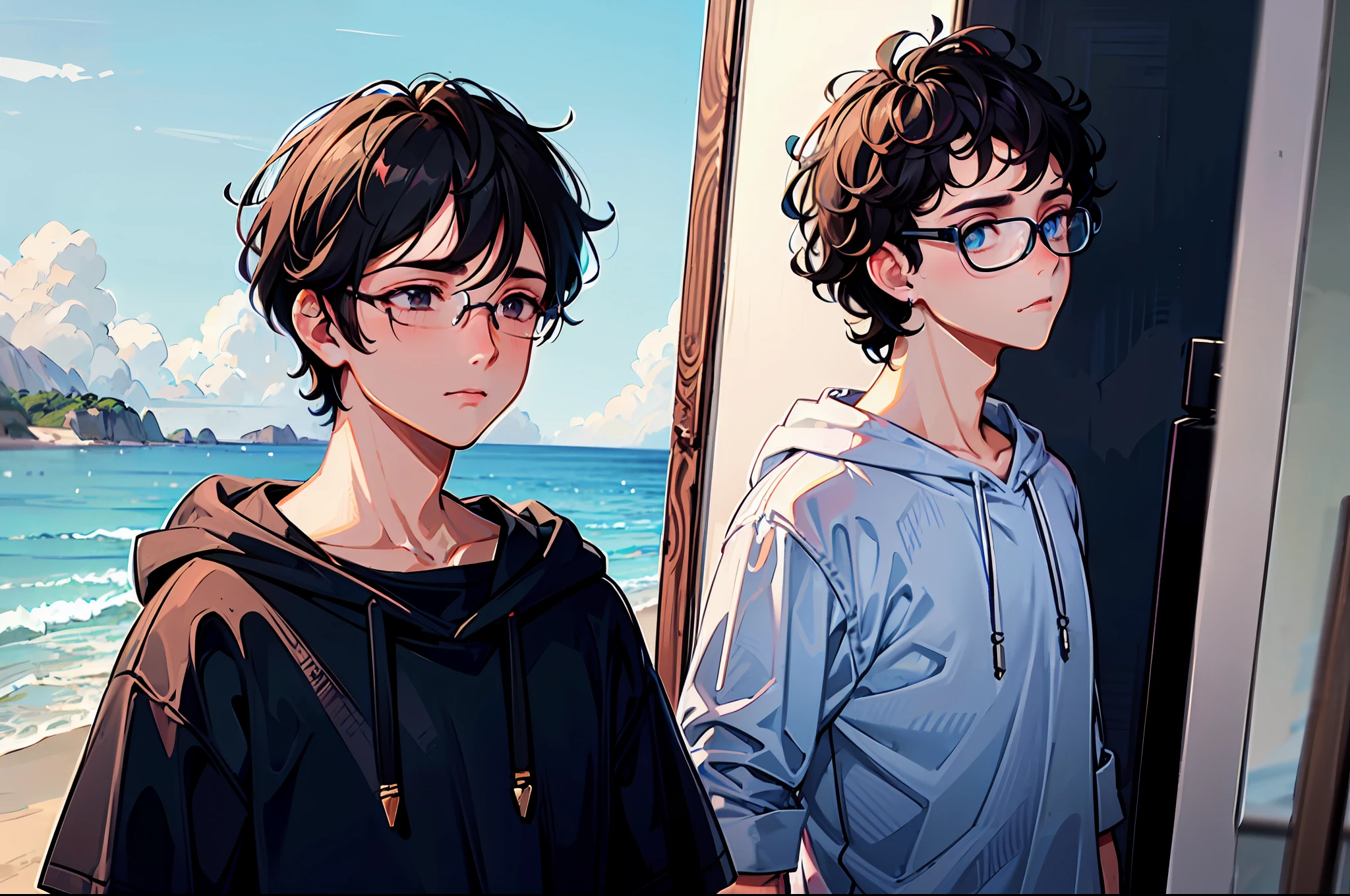a college boy with skinny body, wearing grey hoodie and short pants, eyeglasses, short curly hair, lost hope, sad face, side view, beach, upper body shot, super detailing, super detail of face, painting style, high res