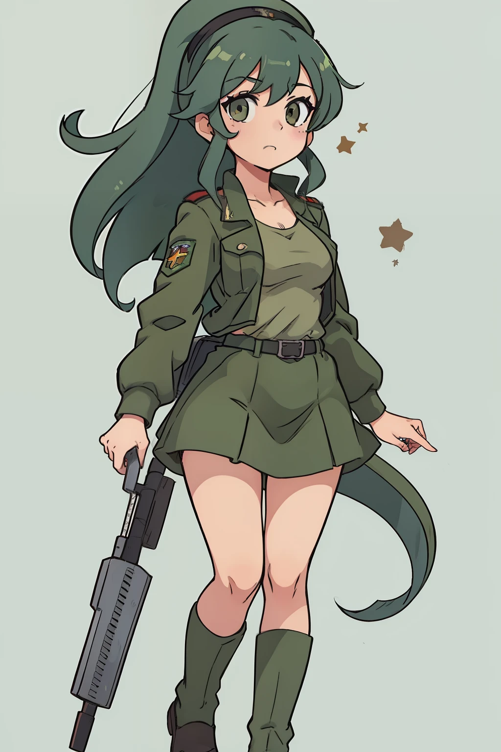 do cabelo verde Anchovy de Girls und Panzer com roupa militar