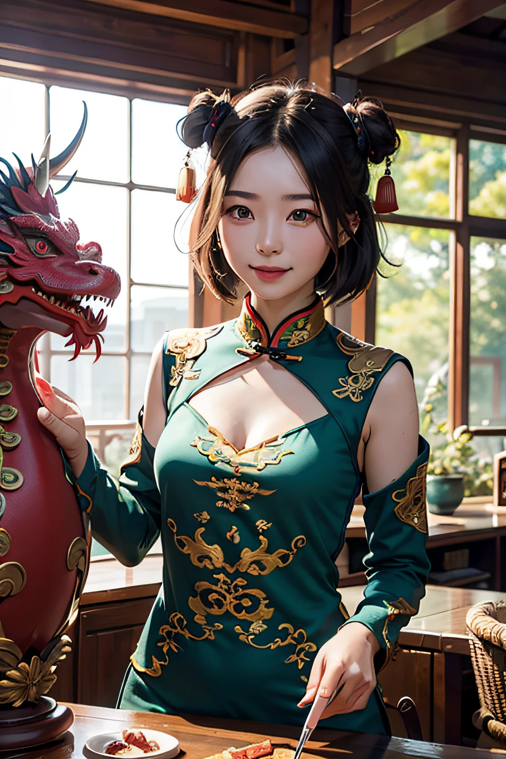1girl, masterpiece, best quality, making friends with the Chinese dragon, fun, happy, bright, loong,