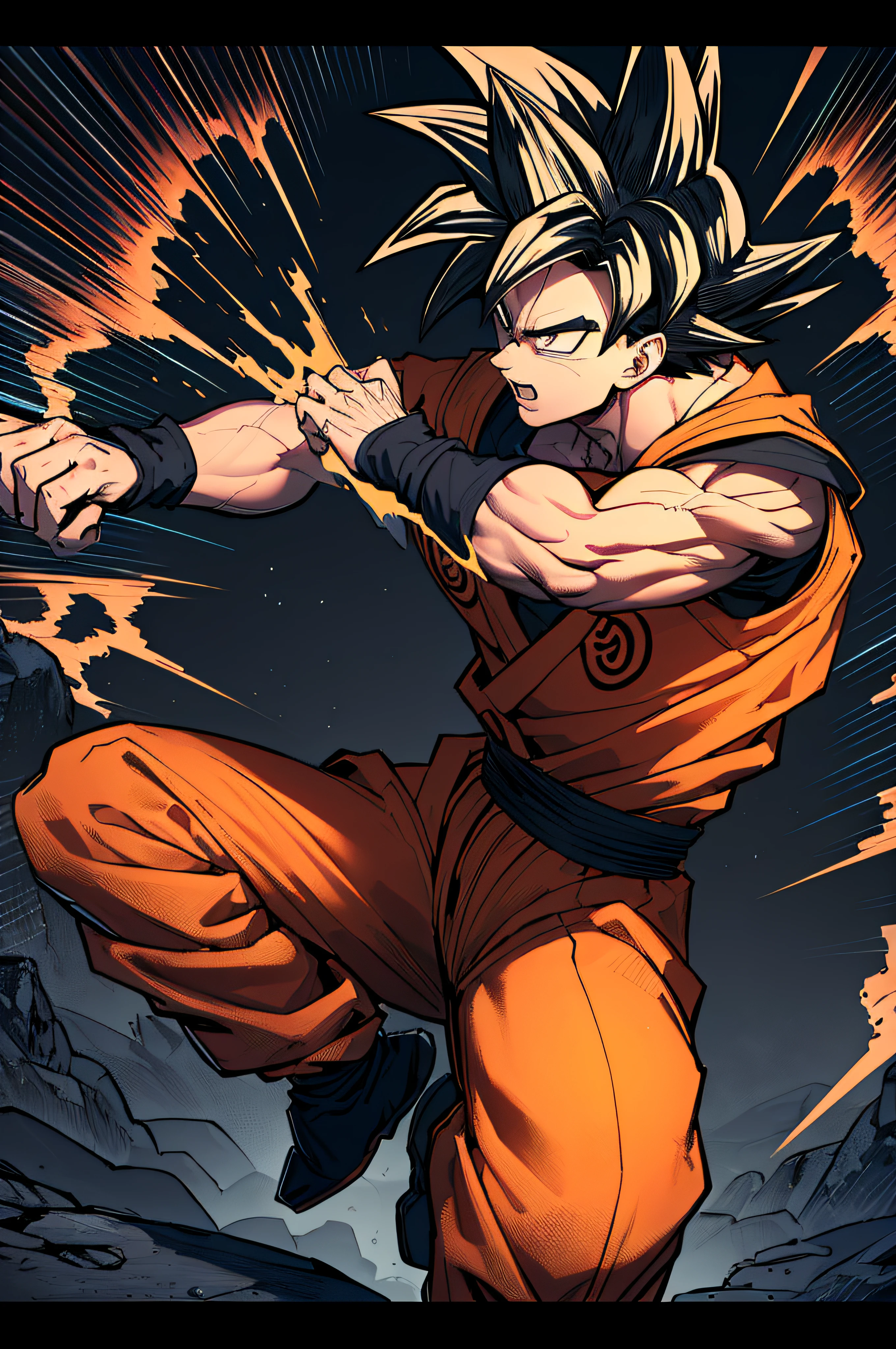 Goku, 1boy, epic battle, dynamic background, intense battle stance, 4k wallpaper, intricate details, dark fantasy artwork.