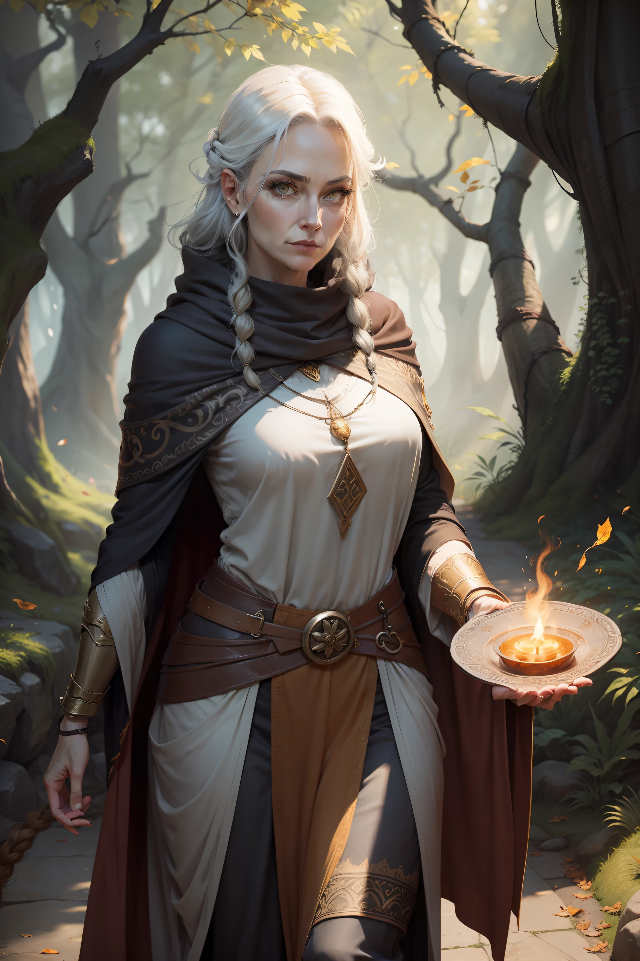 middle aged druid woman, thin, fully clothed, amber eyes