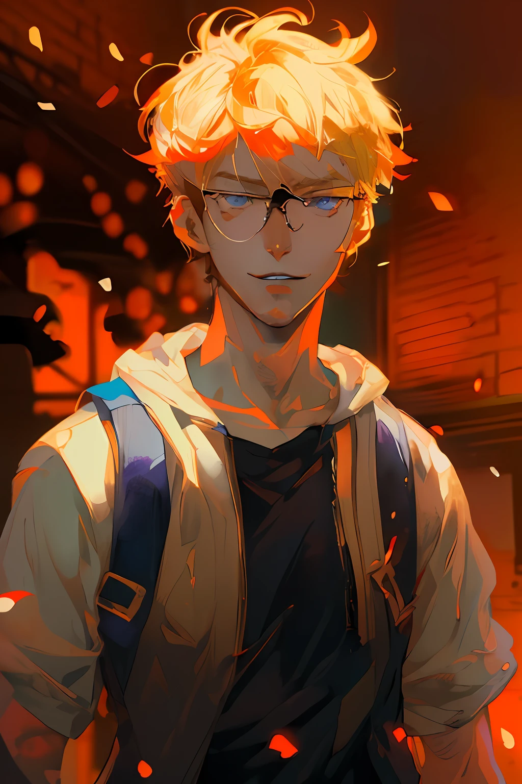 anime boy with blonde hair and glasses standing in front of a building, tall anime guy with blue eyes, anime boy, handsome guy in demon slayer art, young anime man, with glowing eyes, orange - haired anime boy, high quality anime artstyle, best anime 4k konachan wallpaper, male anime style, inspired by Bian Shoumin