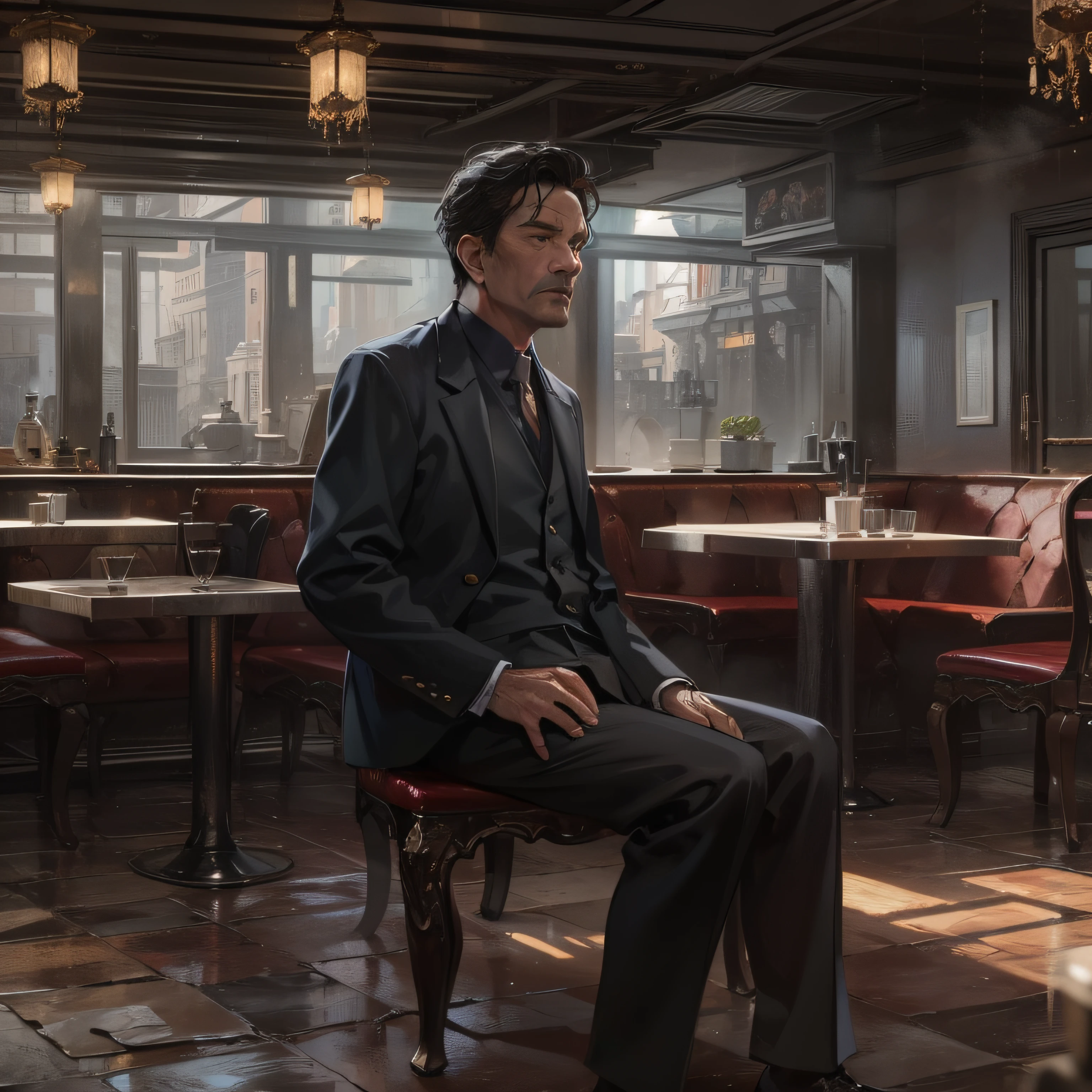 A 55-year-old middle-aged man,with short black hair,Casual,stooped,panicking,Inside the restaurant,grand master,tmasterpiece,8k wallpaper,CG,Ultra-high image quality,light and shadow effect