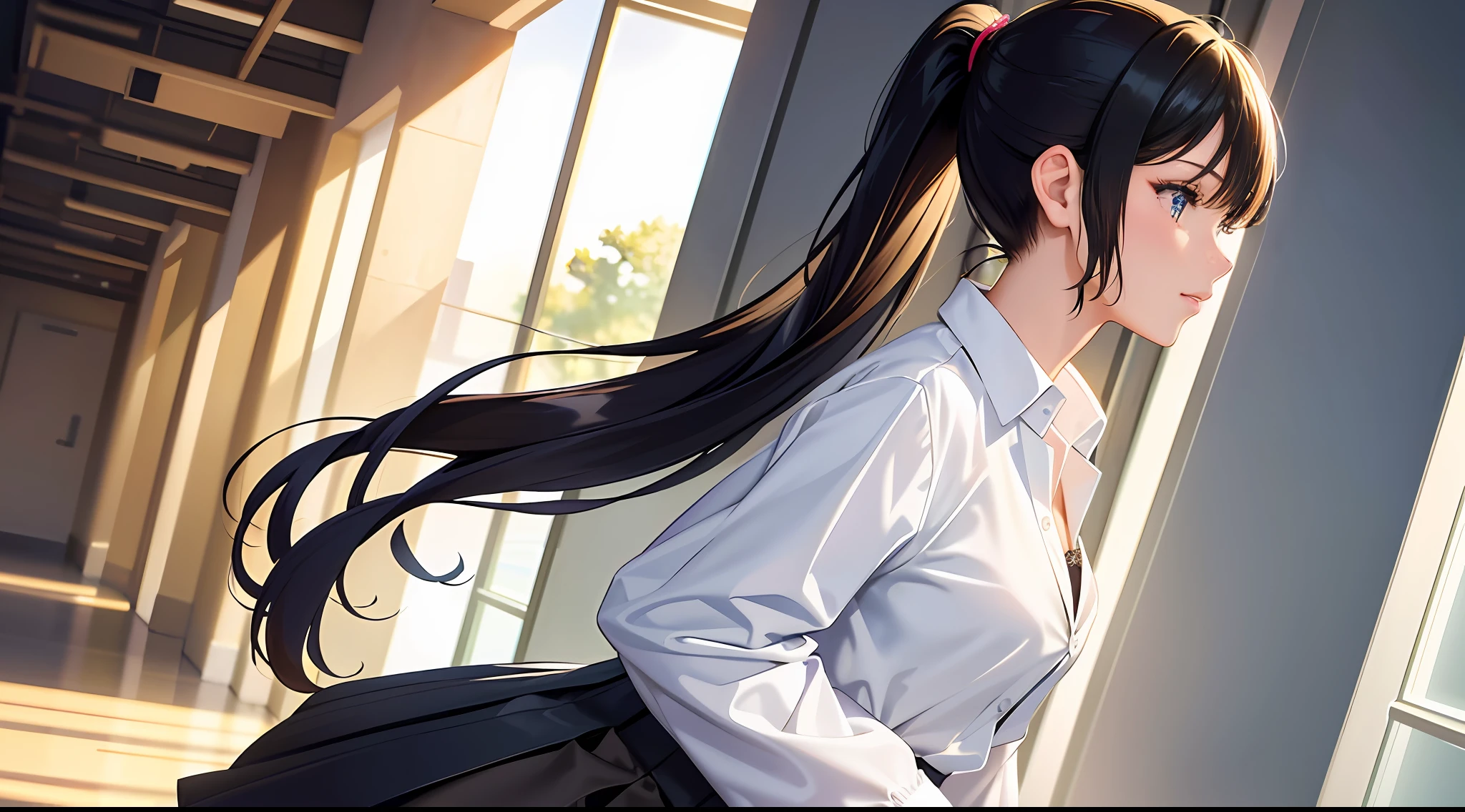 (Masterpiece, top quality, highly detailed CG, beautiful detailed eyes, super detailed, intricate details:1.2), 8k wallpapers, elaborate features,
(1 person, solo:1.4)perfect cartoon illustration,(1 person, solo:1.4)
(realistic textures:0.8), high res, cute, (vivid colors, dynamic lighting:1.0), (high contrast:0.8),
Perfect animated illustration, only one young woman, high school teacher, age late 20s, pretty face (profile), confident expression, ponytail, rough clothes (skirt and white blouse), light science lab coat over clothes, time afternoon, sunny The place is a hallway in the school, so that the whole body is in the illustration