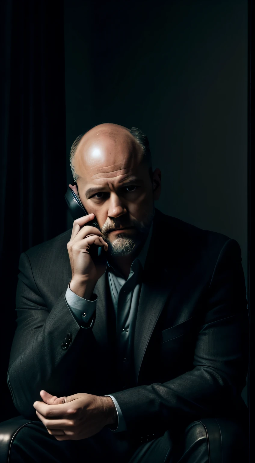 In the dimly lit room, a middle-aged, bald, white man resembling Joseph Parker, the 911 case investigator, sits in a leather armchair with his legs crossed. His facial hair consists of a well-groomed goatee, and his eyes widen in shock as he clutches a phone to his ear. The background is shrouded in darkness, adding an eerie and ominous atmosphere to the scene. The air is thick with tension as he receives a phone call that seemingly holds dark and troubling news. What mysterious and haunting secrets lie in the shadows, and how will this man's life be forever changed by the ominous call he receives?