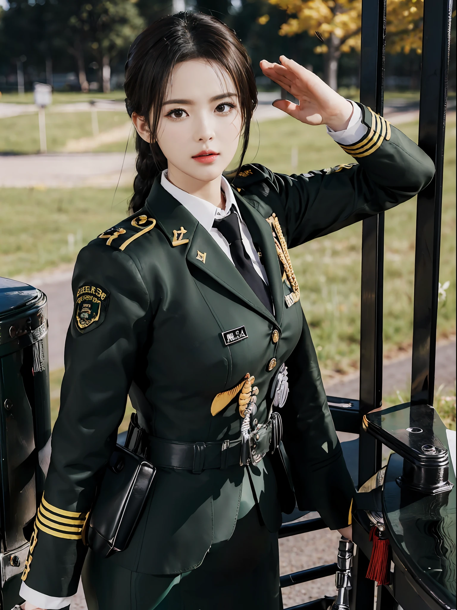 Very detailed CG unity 8K wallpaper，（tmasterpiece），（best qualtiy），（ultra - detailed），（Ultra photo realsisim），（best character detail：1.36），Nikon D750 f / 1.4 55mm，profesional lighting， physically-based renderingt, 1girll, Female soldier，army suit，Green military uniform，Fabric texture military uniform，Pure white lining，Dark green tie，Black hair，the golden ratio,[:(com rosto detalhado:1.2):0.2]:,PureErosFace_V1, broad shoulder,(Bigchest:1.5),(big assa:1.5)，Soaked with sweat，Place your hands on your chest，red flags，At the cafe，Splendid scenery，bright sun，upper body photos，Flag of China，Salute with your hands，