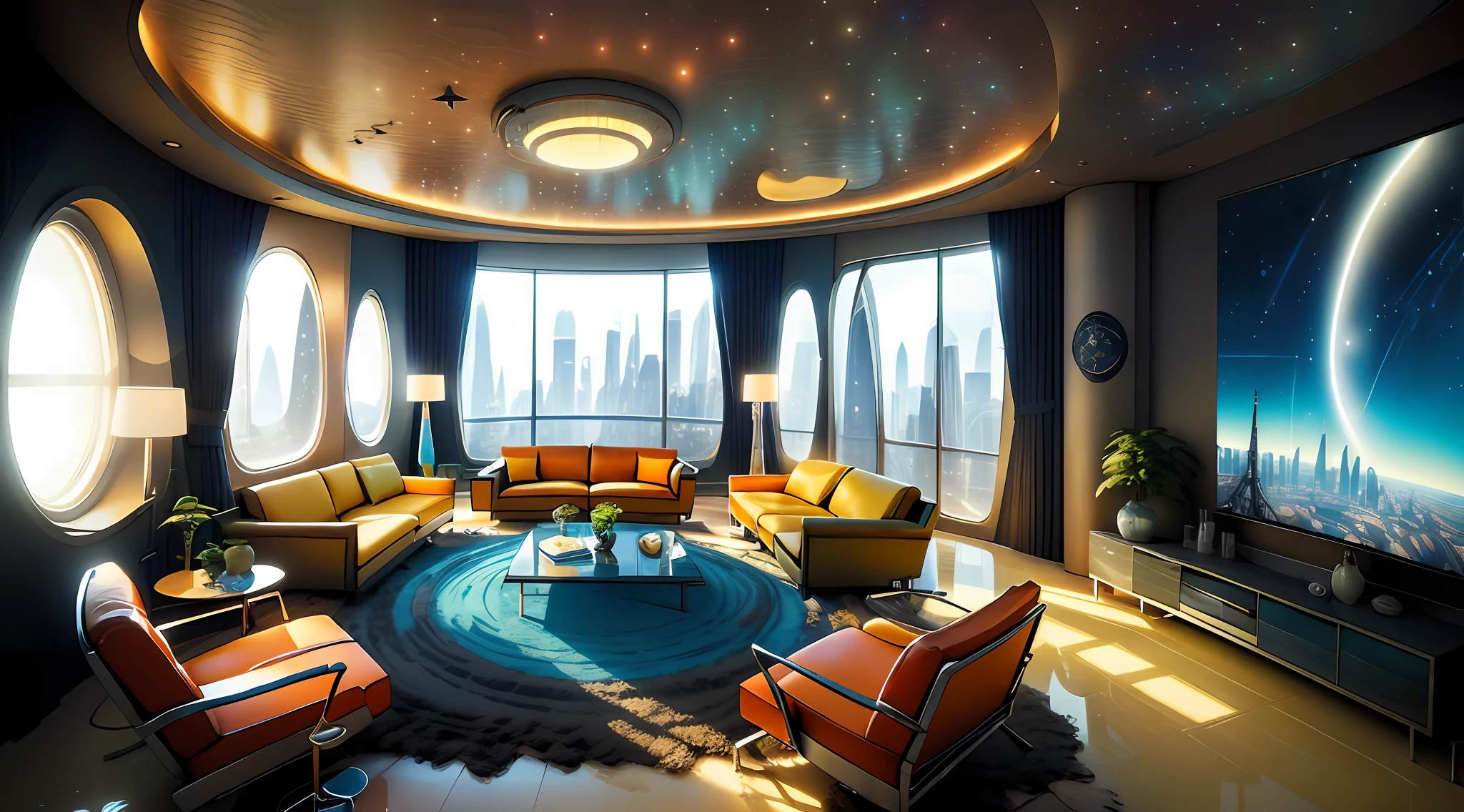 \1970 retro futuristic living room，inside in room，Warm lighting，Large-scale TV series，Lazy sofa，carpets，Rooftop starry sky projection，Indoor water feature，Authentic texture，Best quality，（Masterpiece），super ultra detail。Sunny and sunny
