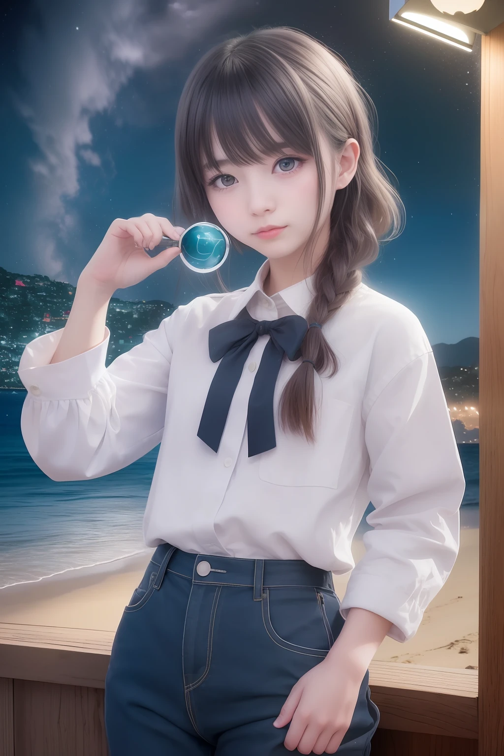 realistic girl、phot、makeup、night、milkyway、shores、Standing On sand beach