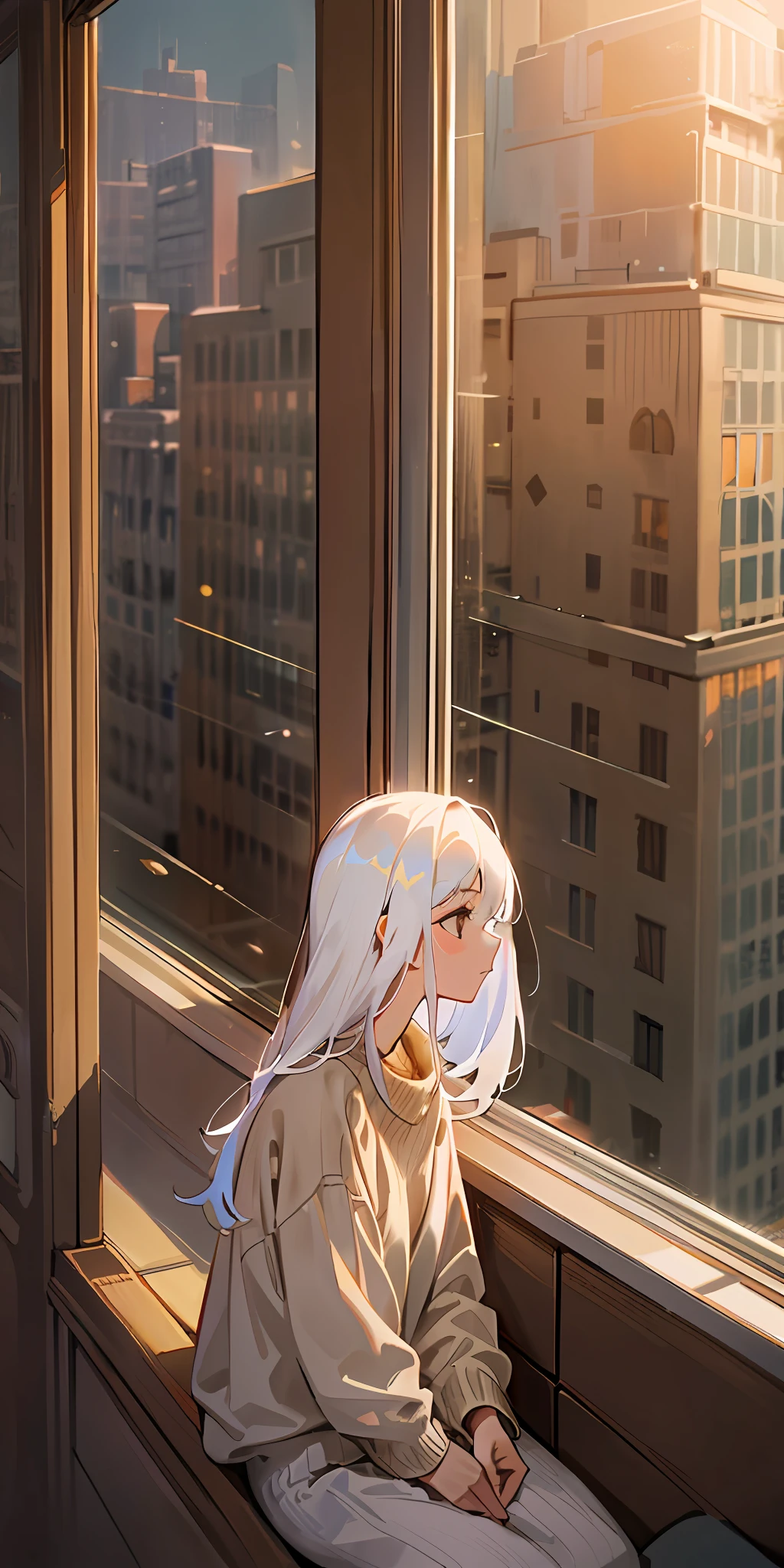 high qulity,A girl with white hair that reaches her shoulders。,She leaned against the windowsill,looks out the window,Modern streets,brown sweater,Under the evening sun,Slightly lonely and melancholy