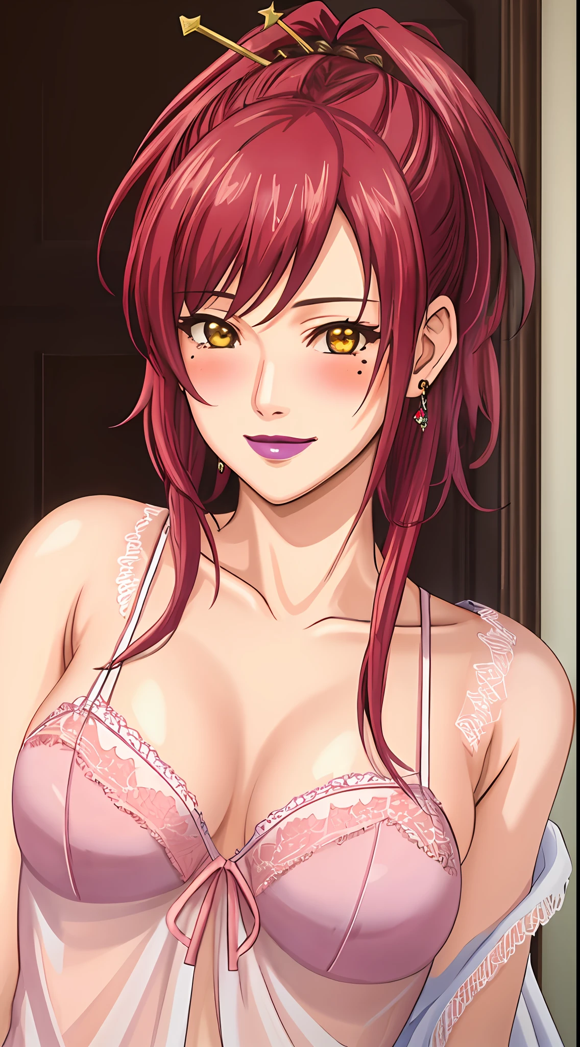 (Masterpiece, Best Quality, High Quality:1.4), professional artwork, Intricate Details, field of view, sharp focus, detailed painting, photorealistic lighting, trending on pixiv, (vivid lighting, vibrant colors:1.05), realistic shadows, ambient occlusion, 4K, Masterpiece, highres, absurdres, smiling,edgTemptation, a woman in a sexy lingerie sheered robe posing for a picture , wearing edgTemptation, Marie Mamiya, (red hair:1.05), hair ornament, lipstick, makeup, (mole under eye:0.9), ultra detail hair, ultra detail face, (yellow eyes:1.05), perfect eyes, perfect face, earrings, (seductive look, blush:1.2), (glowing eyes)