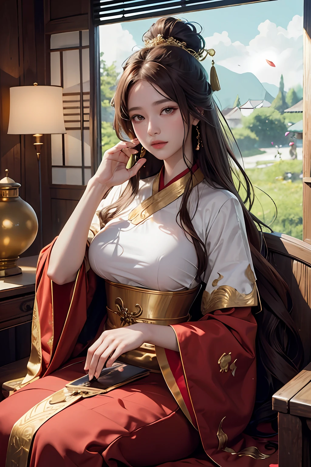 top-quality、masterpiece、hight resolution、(exquisite body:1.5)、gorgeous faces、(milky skin:1.3)、intricate detailes、hight resolution、wall-paper、
1girl, 独奏, doress, hair adornments, (((gold and red dresses)))), florals, length hair, brown haired, a closed mouth, jewely, long-sleeve, Raise your hands, Wide sleeves, big eye,Floating hair, Hanfu, Han Feng, embroideries, long skirt, Natural pose, Falling petals, inside the house,demagoguery, paper lanterns,Exposing the skin、Big tits
16K、HDR、Hi-Res、Depth Field、(film grains:1.1)、Boken、the golden hour、(lensflare)、vignettes、rainbow、(colour grading:1.5)