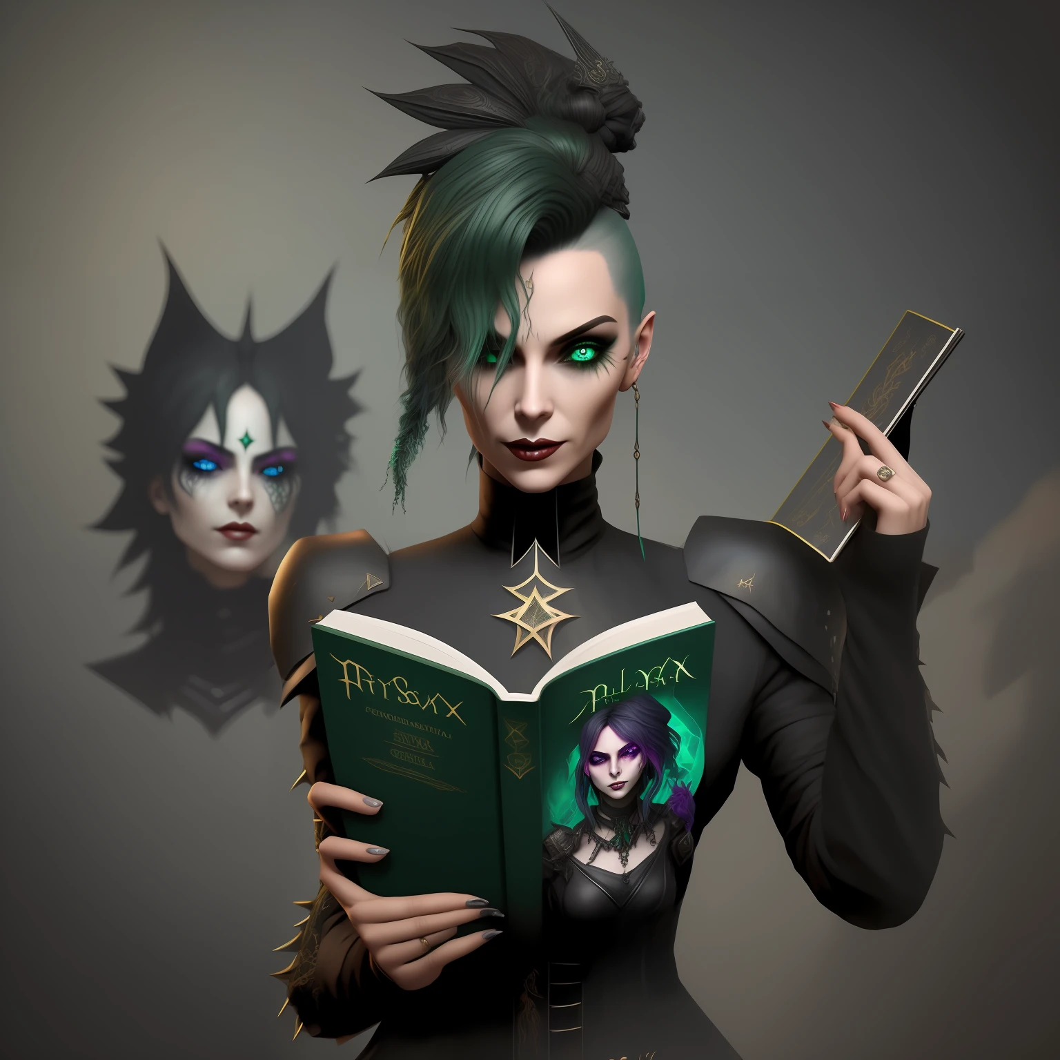 There's a green-haired woman reading a book, retrato do livro do RPG, 3 d render arte do caractere 8 k, Retrato de Jinx de Arcane, holding spell book, Retrato de um necromante feminino, holding grimoire, Retrato do Professor Sinistro, gothic and futuristic, dramatic reading spell book pose, arte de fantasia urbana estilizada, Fantasia sombria cyberpunk sedutora