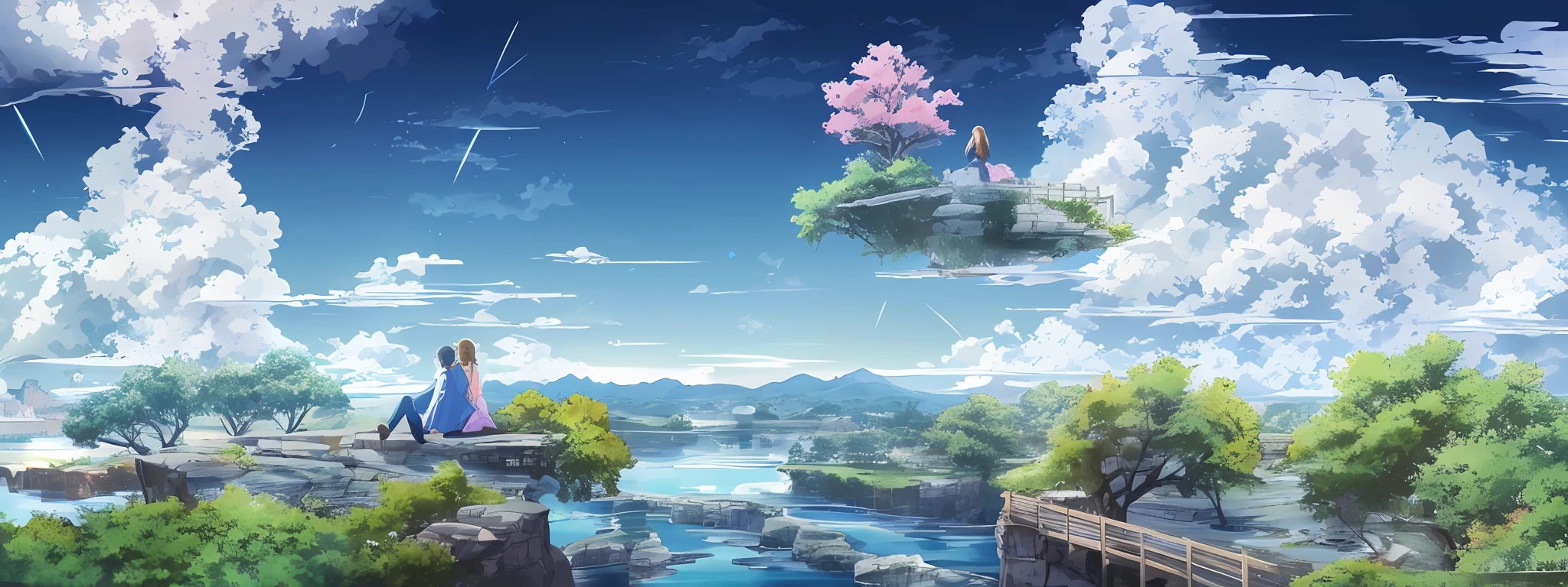 Anime scene of a man and woman sitting on a cliff overlooking the river, anime beautiful peace scene, beautiful anime scenery, anime landscape wallpapers, landscape artwork, Anime landscape, wallpaper anime blue water, anime nature wallpap, Anime landscapes, Anime Nature, Flying Island in the Sky, floating and flying island, island floating in the sky, water everwhere fantasy，Higher quality,Works of masters,Best image quality,超高分辨率,8K分辨率