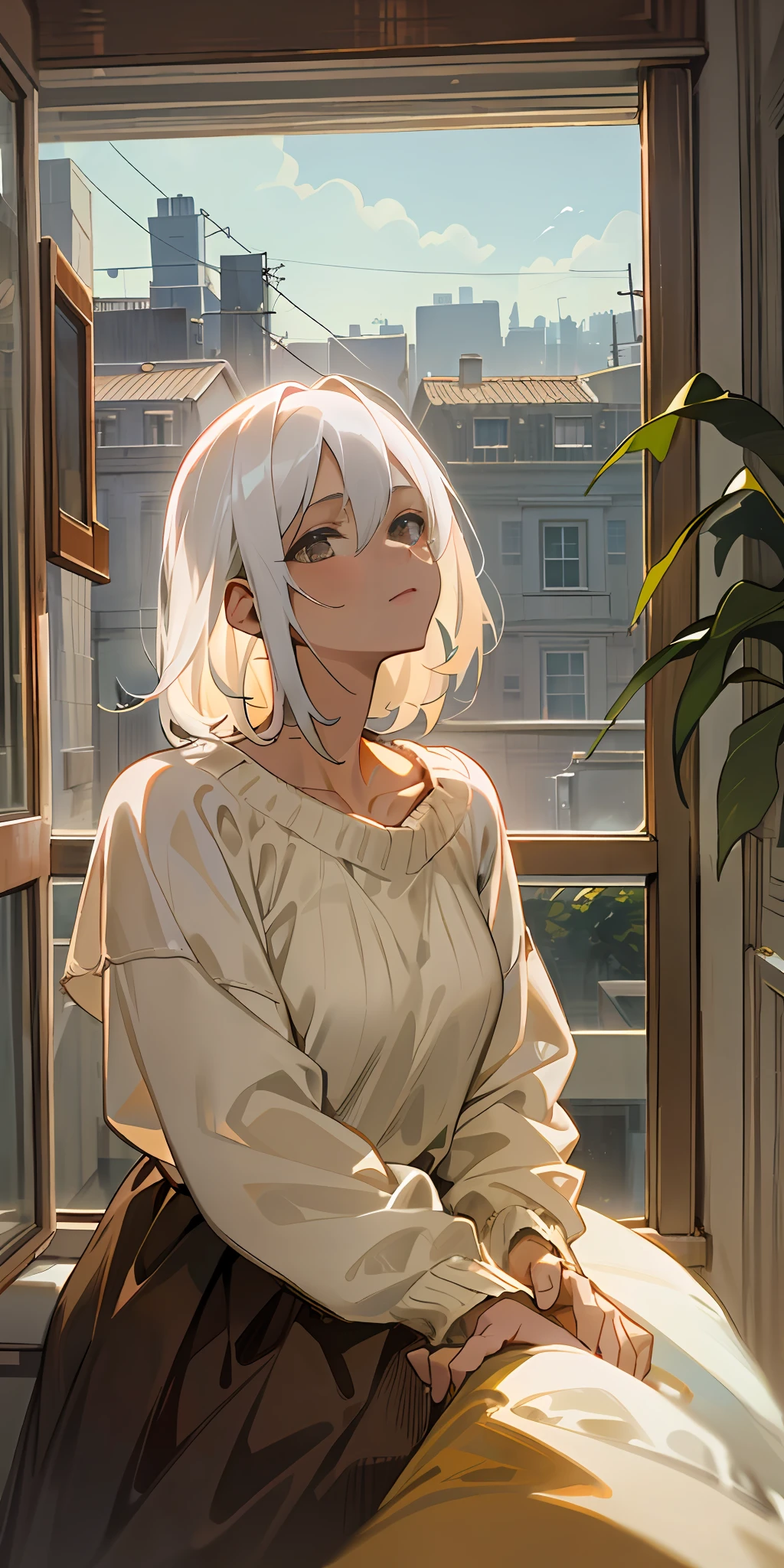 high qulity，A girl with white hair that reaches her shoulders。，She leaned against the windowsill，looks out the window，Modern streets，brown sweater，Under the evening sun，Slightly lonely and melancholy