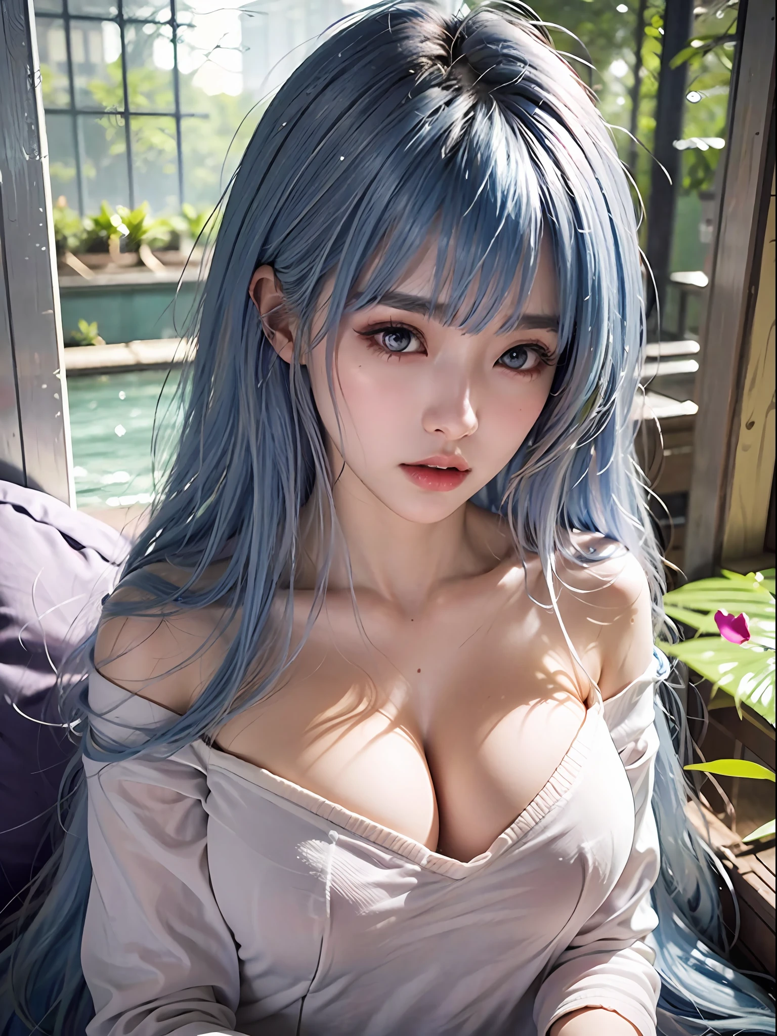 A 20-year-old girl walks on a river, mix4, Sweaters, pillow head, cparted lips, Open_Mouth, photorealestic, Photo_\(curly\), 独奏, stuffed_Animal, stuffed_toys, teddy_bear,(tmasterpiece),(realisticlying:1.3), Hyper-detailing, (highdetailskin:1.2),(best qualtiy:1.0), (超高分辨率:1.0), (Ulzzang-6500:0.3), Wavy detail hair, long whitr hair, rays of sunshine, (Beautiful detail makeup), (Sexual arousal blushing heavy breathing:1.0), Flower theme flower petals scattered, (Soft glow overflow:0.5),H cup big breasts,Blush,