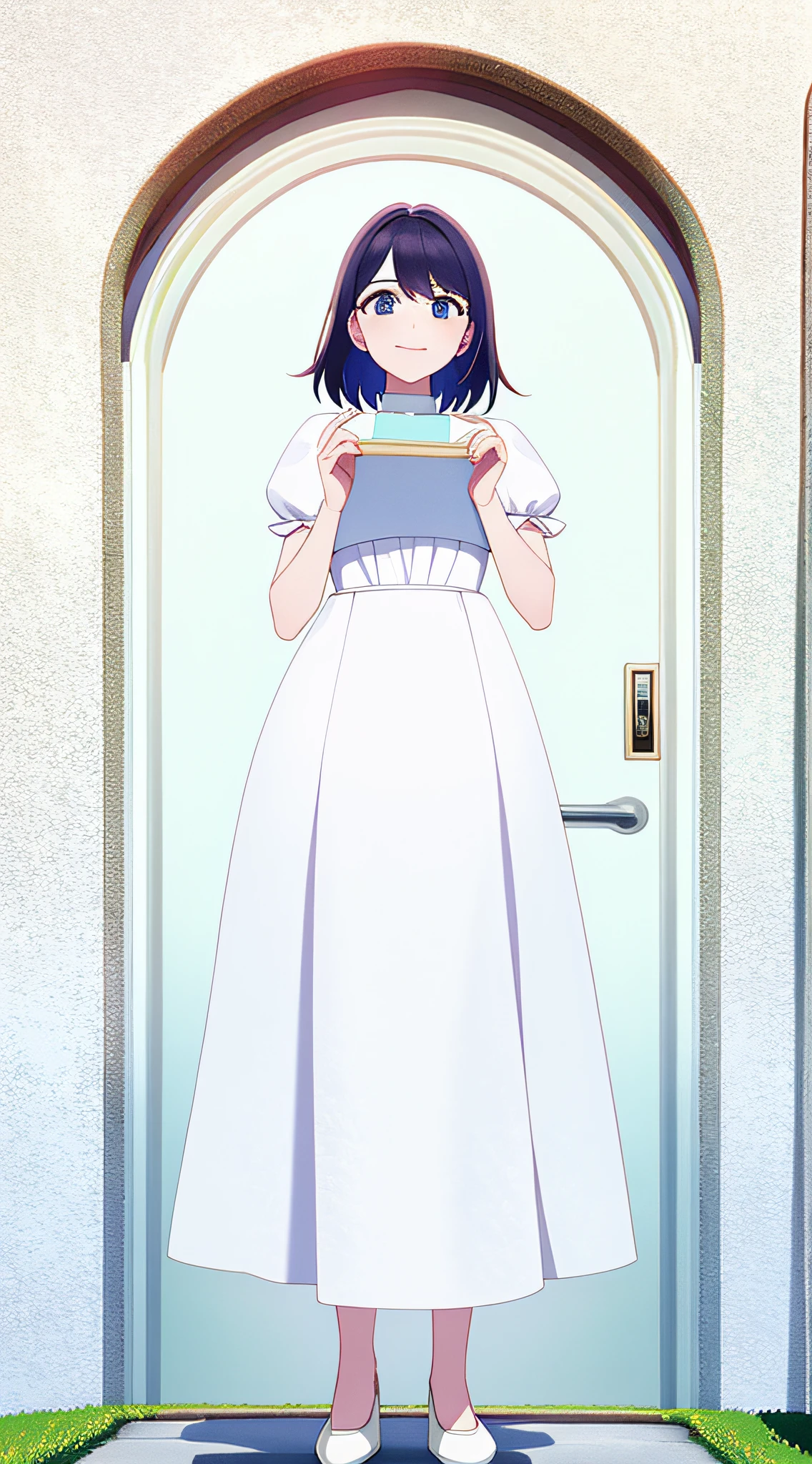 A woman wearing a(white dresses)Face carrying(surprise)expressioness,Standing in front of a villa with a closed door
