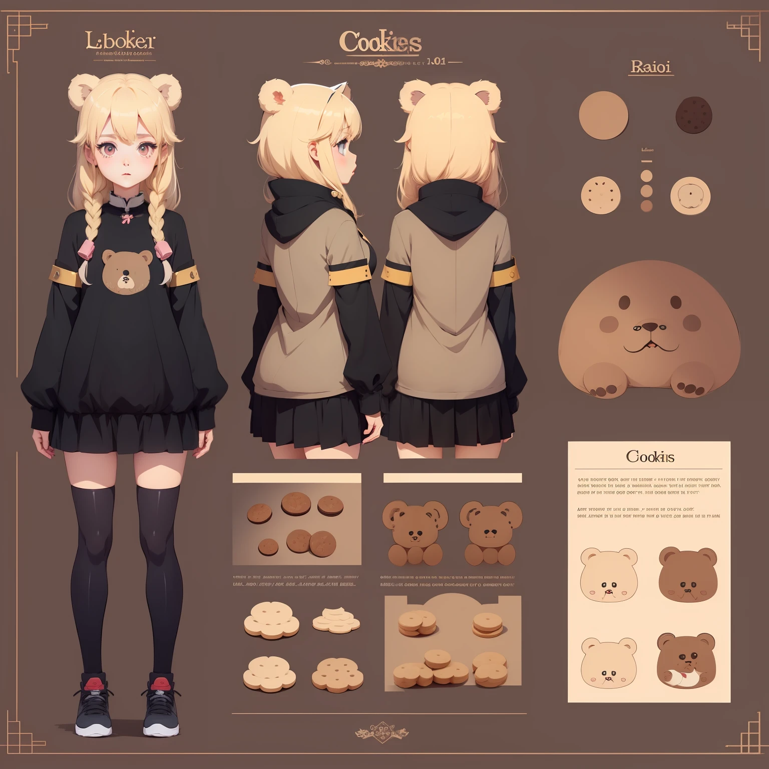 Little bear eats cookies，adolable，flat drawing，Anime style，Anime design，Flat drawing，anime concept art，Anime character design，anime character reference sheet，[character  design]，clothing design