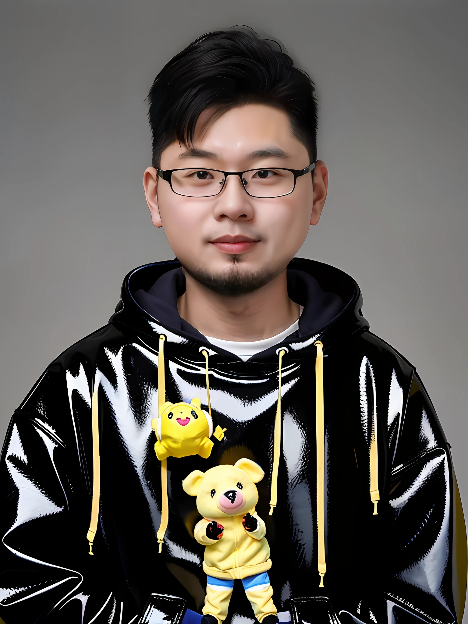 A Chinese male high school student,Wearing a yellow PVC sweatshirt,Holding a piggy doll,Portray the details