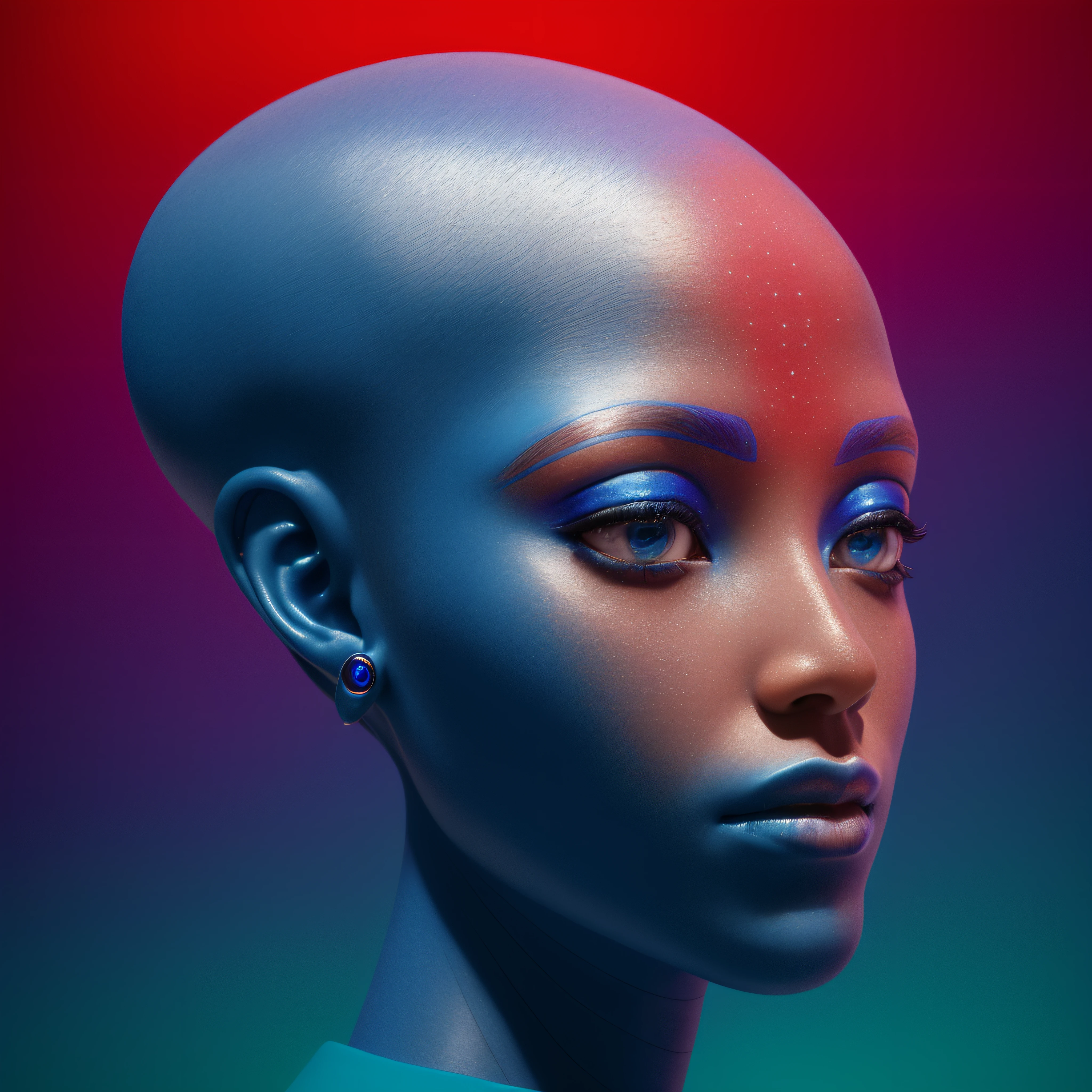 a closeup of a blue head with a galactic background, blue head, olhos violetas, face azul claro, Seshat, Retrato do humanoide feminino, Portrait of a humanoid alien, careca, rosto humano com vermelho brilhante sim, testa azul neon, Retrato do humanoide feminino, rosto azul brilhante, sobrancelhas finas, kemetic, flat triangle - shaped head, com pele azul, blue holographic face, Afrofuturismo, pele avelulada azul