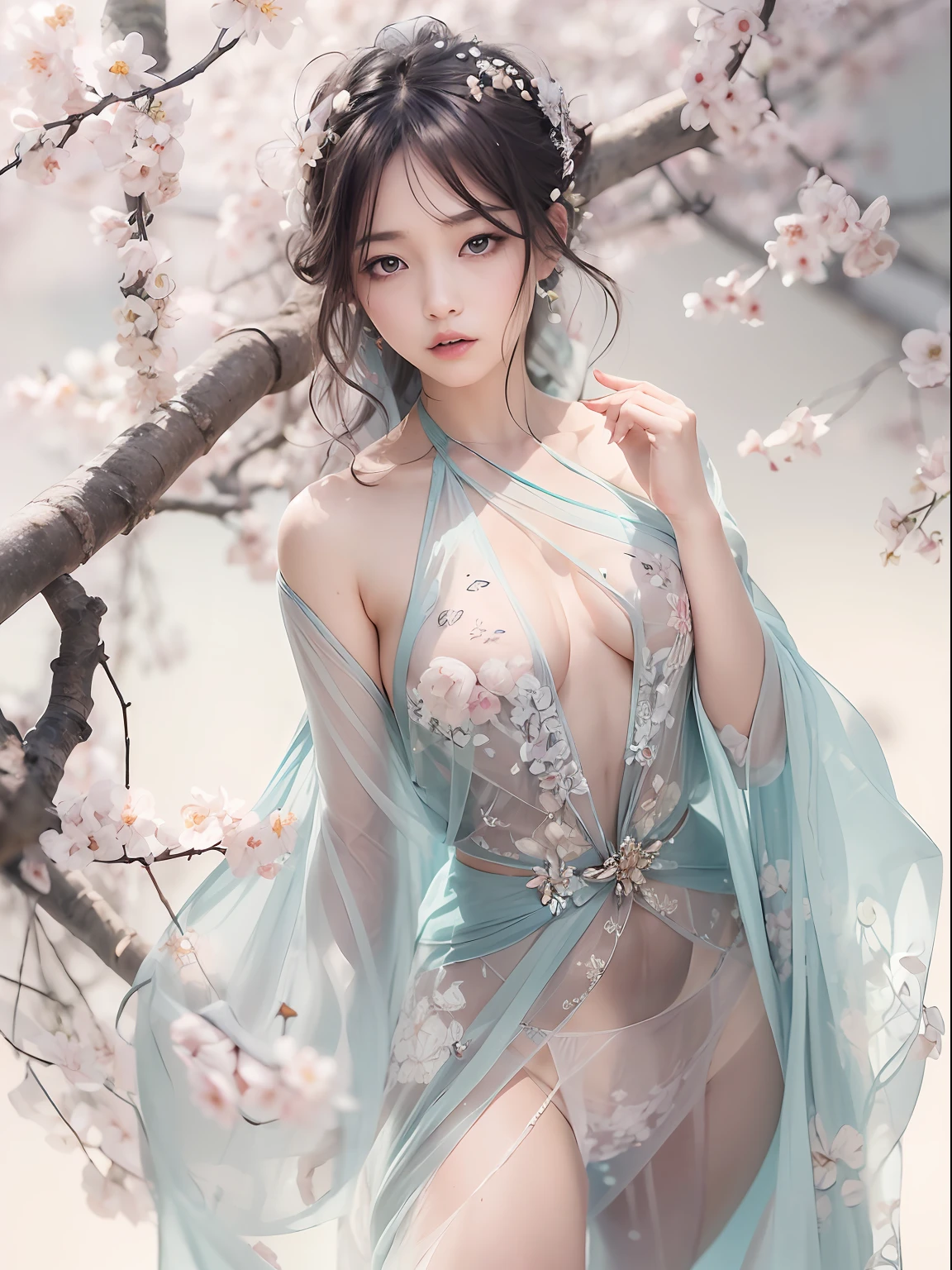 loose outfit、Show shoulders、How to wear a gown with a broken see-through halter neck、Decorated with intricate patterns and pastel colors、Transparent material that makes the skin shine、Artistic depiction of seductive woman in gown with wet thin cloth and transparent skin, Floral and fantastic pattern with flowing silky traditional see-through skin。Her dress draped elegantly around her curvaceous figure、Emphasizes her charming silhouette。She's a gentle fireworks night、Dynamic Posing、Sexy Posing、bathed in the soft glow of moonlight。The scene is、With a hint of mystery and sensuality、It exudes an ethereal dreamy atmosphere。The image style is、It incorporates a blend of watercolor and digital illustration techniques.、It makes you feel delicate beauty and charm。Soft moonlit lighting、Cast gentle highlights and shadows on her mesmerizing features。Dynamic Posing、Bold poses、The hand is somewhere、see -through、show through、A sexy、Wet hair、Wet、cherry trees、flower petals、cherryblossom、The cherry tree、Sakura blizzard、buried、Transparent skin、Wet clothes、Chest Pulling、Translucent clothes、Eau、nudde、