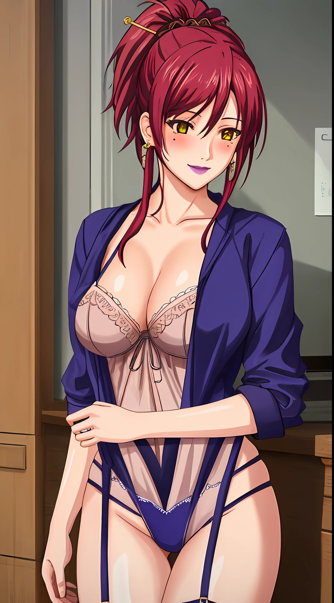 (Masterpiece, Best Quality, High Quality:1.4), professional artwork, Intricate Details, field of view, sharp focus, detailed painting, photorealistic lighting, trending on pixiv, (vivid lighting, vibrant colors:1.05), realistic shadows, ambient occlusion, 4K, Masterpiece, highres, absurdres, smiling,edgTemptation, a woman in a sexy lingerie sheered robe posing for a picture , wearing edgTemptation, Marie Mamiya, (red hair:1.05), hair ornament, lipstick, makeup, (mole under eye:0.9), ultra detail hair, ultra detail face, (yellow eyes:1.05), perfect eyes, perfect face, earrings, (seductive look, blush:1.2), (glowing eyes)