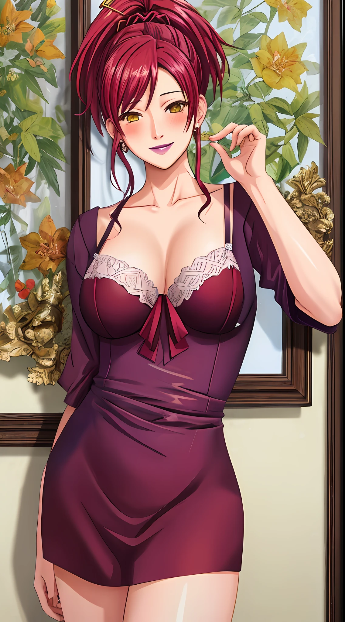 (Masterpiece, Best Quality, High Quality:1.4), professional artwork, Intricate Details, field of view, sharp focus, detailed painting, photorealistic lighting, trending on pixiv, (vivid lighting, vibrant colors:1.05), realistic shadows, ambient occlusion, 4K, Masterpiece, highres, absurdres, smiling,edgTemptation, a woman in a sexy lingerie sheered robe posing for a picture , wearing edgTemptation, Marie Mamiya, (red hair:1.05), hair ornament, lipstick, makeup, (mole under eye:0.9), ultra detail hair, ultra detail face, (yellow eyes:1.05), perfect eyes, perfect face, earrings, (seductive look, blush:1.2), (glowing eyes)