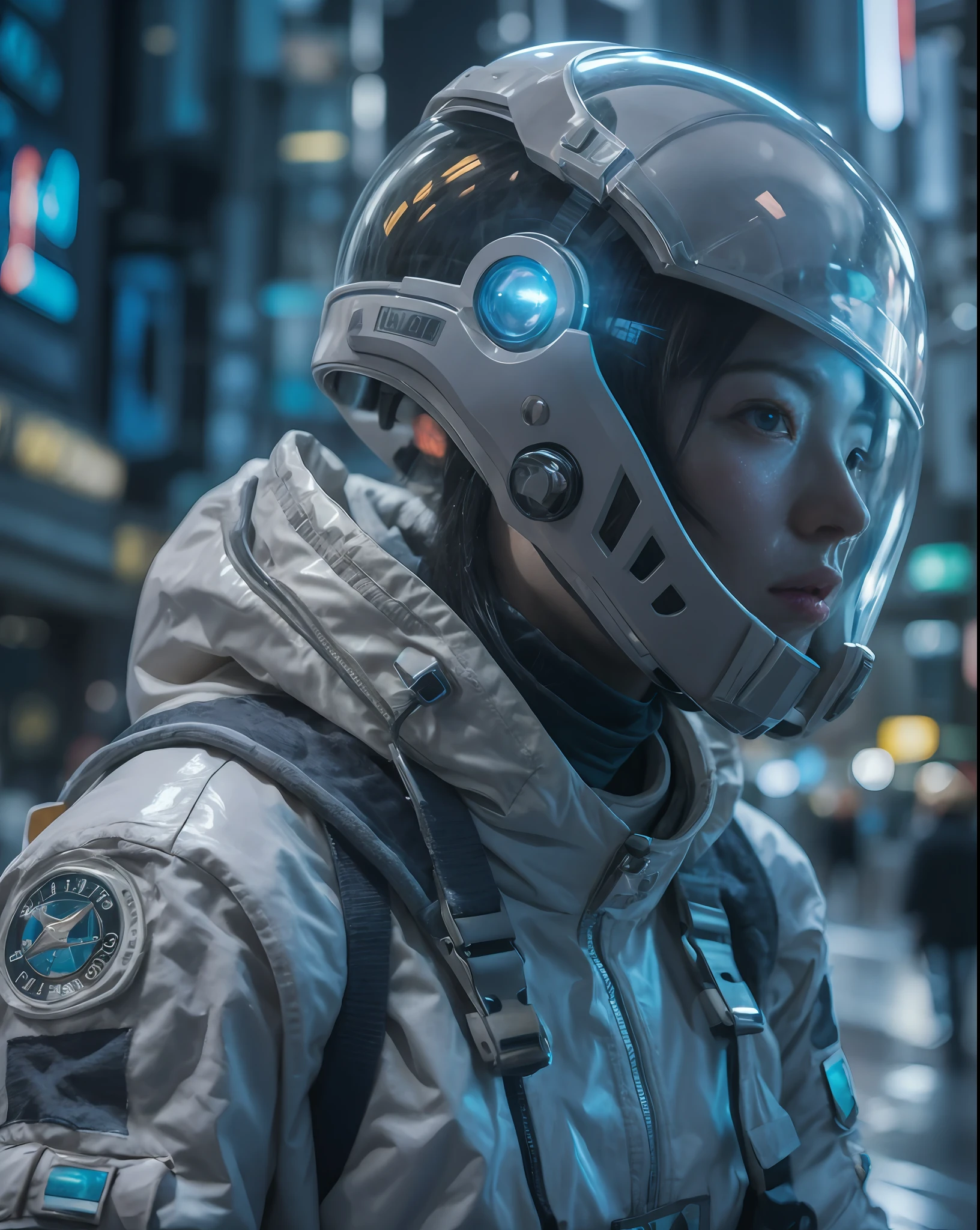 cinematic colorgrading film, dramatic scene, photography, RAW, Masterpiece, ultra wide angle, walking on the cyberpunk cityscapes, Ultra Fine Photo, medium breast, Best Quality, Ultra High Resolution, Photorealistic, volumetric light, Stunningly Beautiful, half body, Delicate Face, Vibrant Eyes, RAW photo, 1girl, solo, 1girl, spacesuit, space_helmet, future tech, futuristic, hologram augmented realities, (extremely detailed CG unity 8k wallpaper), of the most beautiful artwork in the world, professional photography, trending on ArtStation, trending on CGSociety, Intricate detail, High Detail, Sharp focus, dramatic, photorealistic, cyberpunk, futuristic, slim body, (high detailed skin:1.2), 8k uhd, dslr, soft lighting, high quality, film grain, glossy, (Highest quality:1.3), (sharp focus:1.5), (photorealistic:1.3), (highly detailed skin), (detailed face), (high detailed skin:1.2), (glistening skin:1.2), cyborg arms, (highly detailed skin textures:1.15), (detailed face), (high detailed skin:1.2), (glistening skin:1.15), glossy, wearing spacesuit,space_helmet, (nights:1.2), fog, (sparkles:1.2), film grain, glossy, space stations, white thighhighs