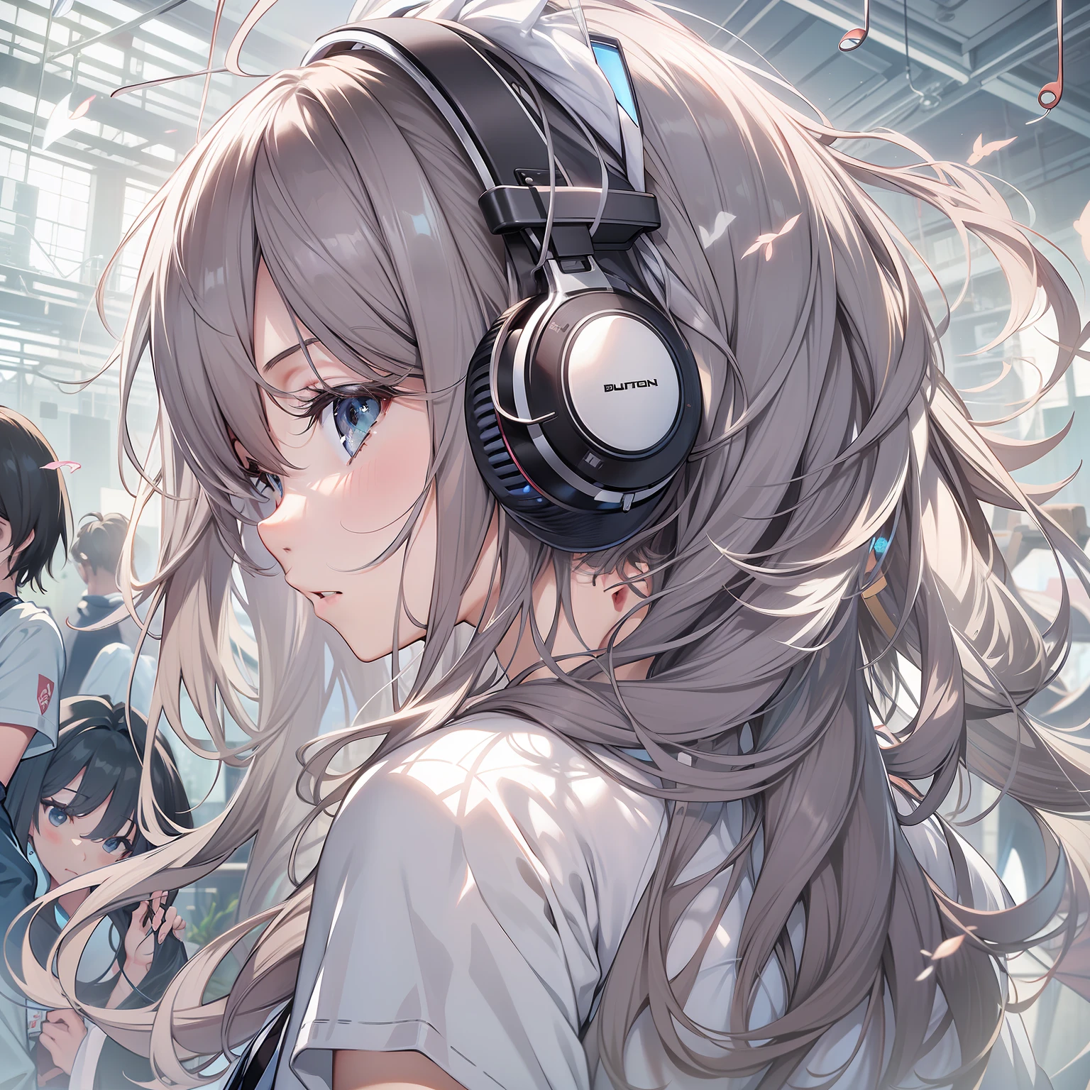(top-quality、8K、32K、masterpiece、nffsw:1.2)、1girl in、beautiful japanese female、big breasts thin waist、tshirts、Jeans gray、、band、、Suits、trouser、from the rear、Live Album House、Music、After loving the sound、(stick out buttocks:1.2)、A detailed face、shorth hair、sounds、Notes flutter、head phone、Bright background、