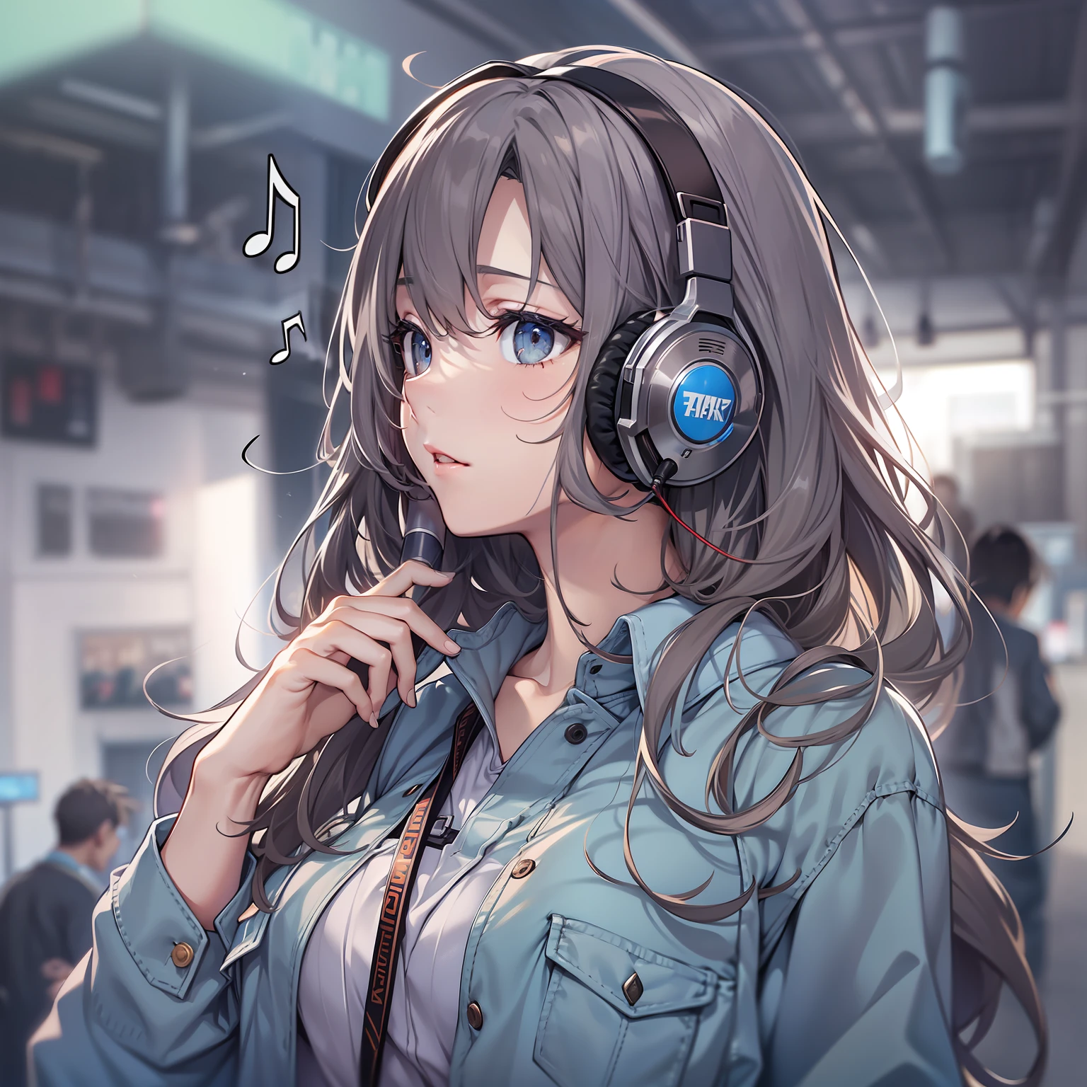 (top-quality、8K、32K、​masterpiece、nffsw:1.2)、1girl in、beautiful japanese female、big breasts thin waist、tshirts、Jeans gray、、band、、Suits、trouser、from the rear、Live Album House、Music、After loving the sound、(stick out buttocks:1.2)、A detailed face、shorth hair、sounds、Notes flutter、head phone、Bright background、