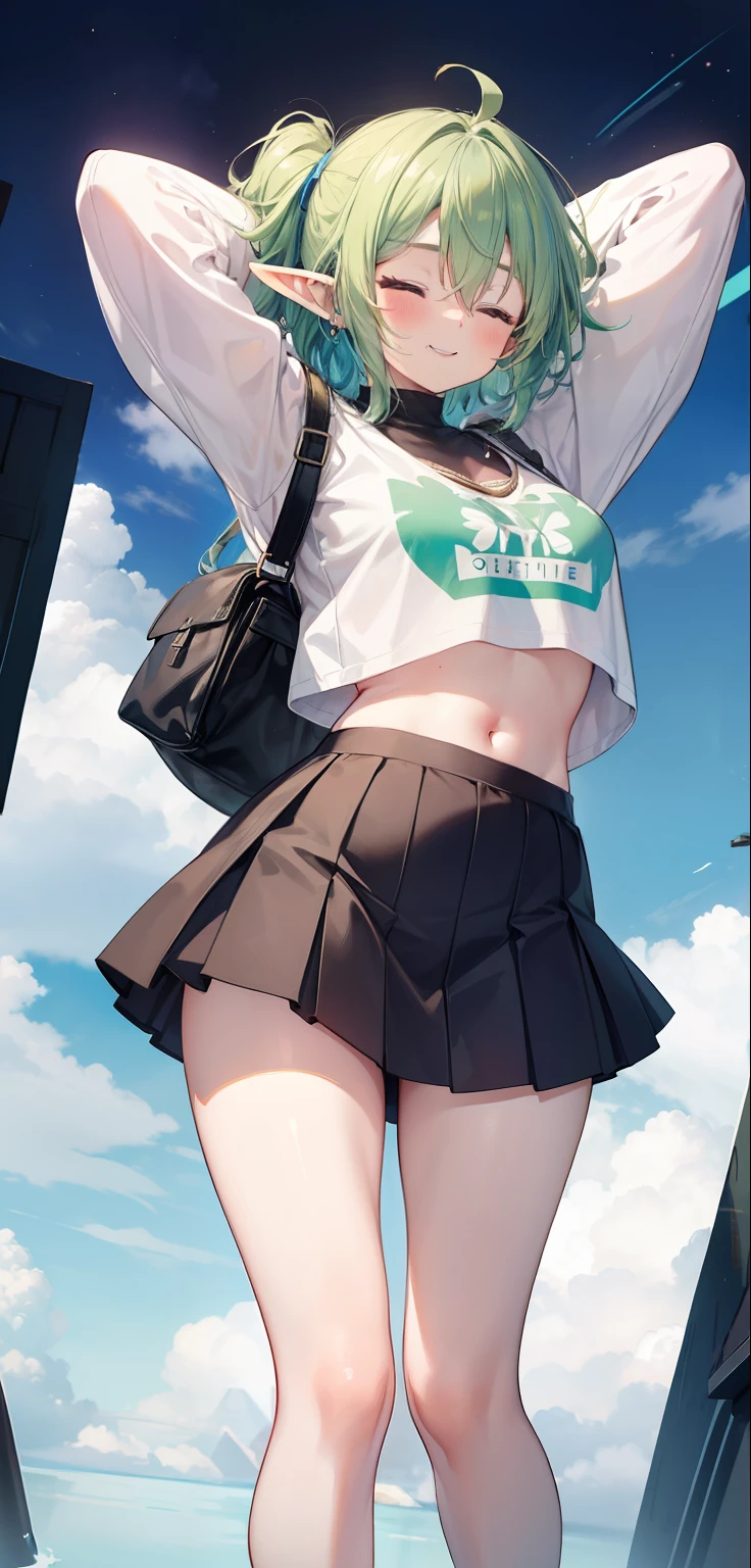 1 Girl, eyes closed, nose, elf ear, eyebrow, smiling, teeth, big green hair, blue hair ends, bangs, hair between eyes, lora:add_detail, short sweatshirt on belly, short skirt, slim waist, belly , big chest, thick legs, big thigh, standing