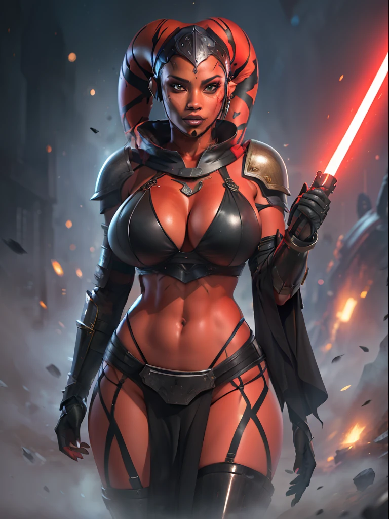 masterpiece, best quality, highest quality, high definition, highly detailed, 8K photorealism, (((dark red skin)), twi'lek), dual red lightsabers, evil space knight, space ninja, (wearing heavy black robes, black stealth armor, breastplate, tunic, tabard, cowl, cloak, body glove, straps, buckles, skirts, long sleeves, fantasy, ((armor))), ((busty), slender body, thin, slim sexy body, slim waist, huge breasts), Imperial starship, Star Wars,