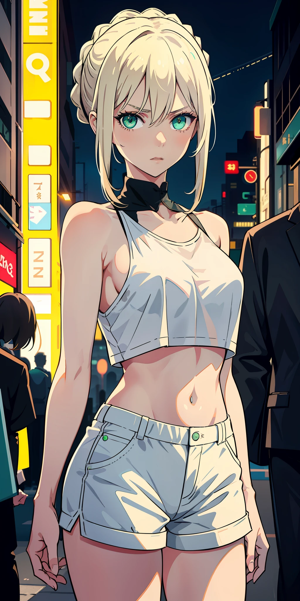 masterpiece, best quality, nsfw, 1girl, platinum blonde hair, green eyes, braids, small perky breasts, on the street, night, neon light, white t-shirt, braless, black hot pants, poker face, front view, standing, in crowd, artoria pendragon