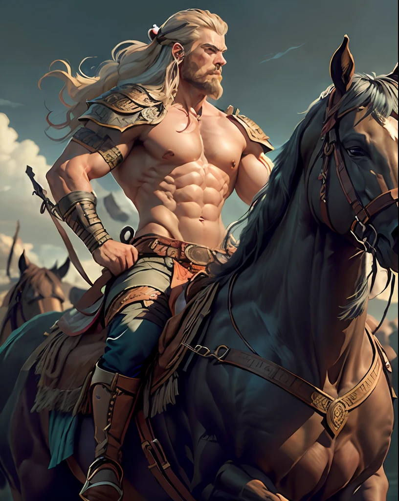 Sexy and muscular shirtless Viking man with bandages and rings on his arms, cabelo curto e espetado com cor negra, chifres, riding a horse