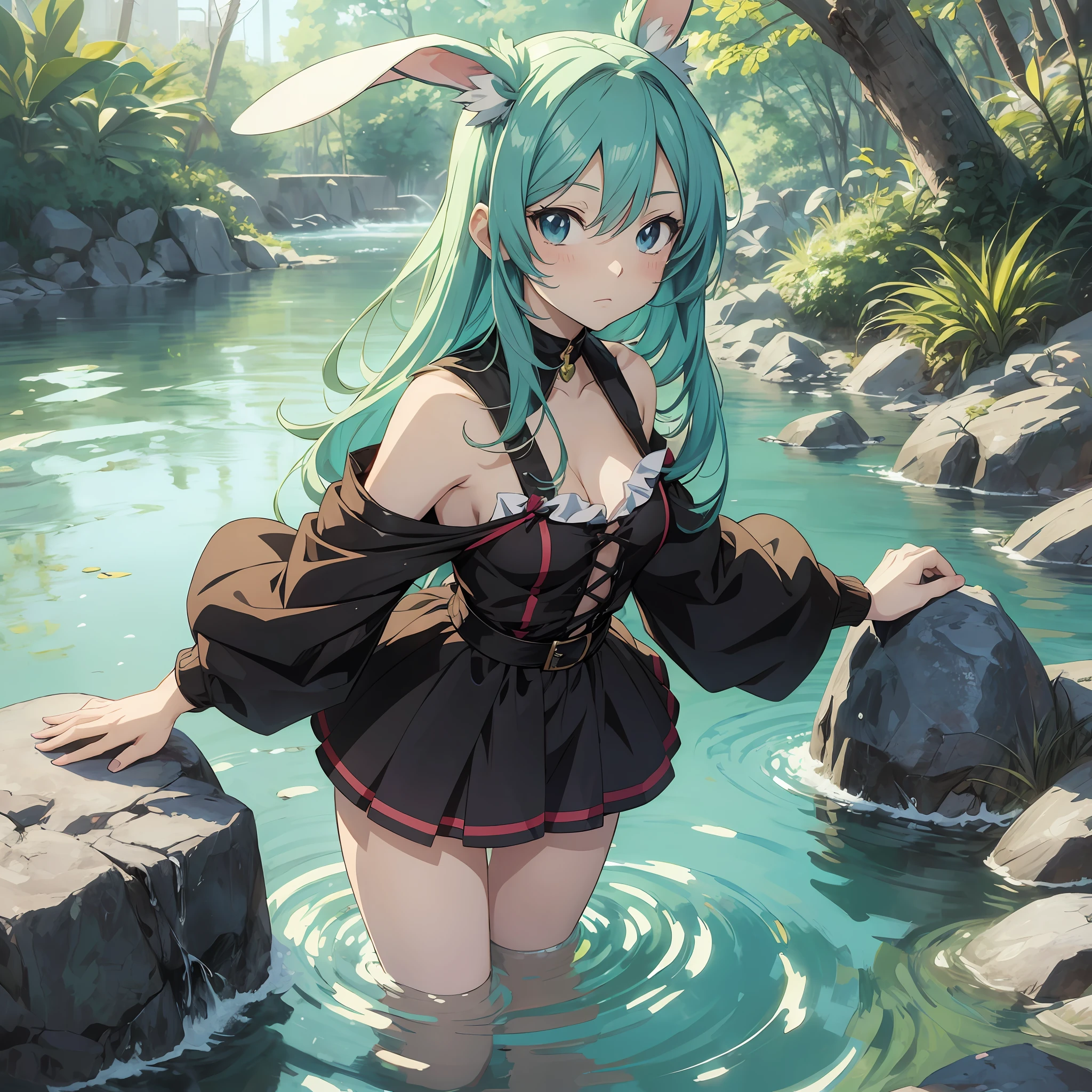 (((Anime style.1.4)))Rabbit-eared girl　rivulets　playing in a river　Water each other