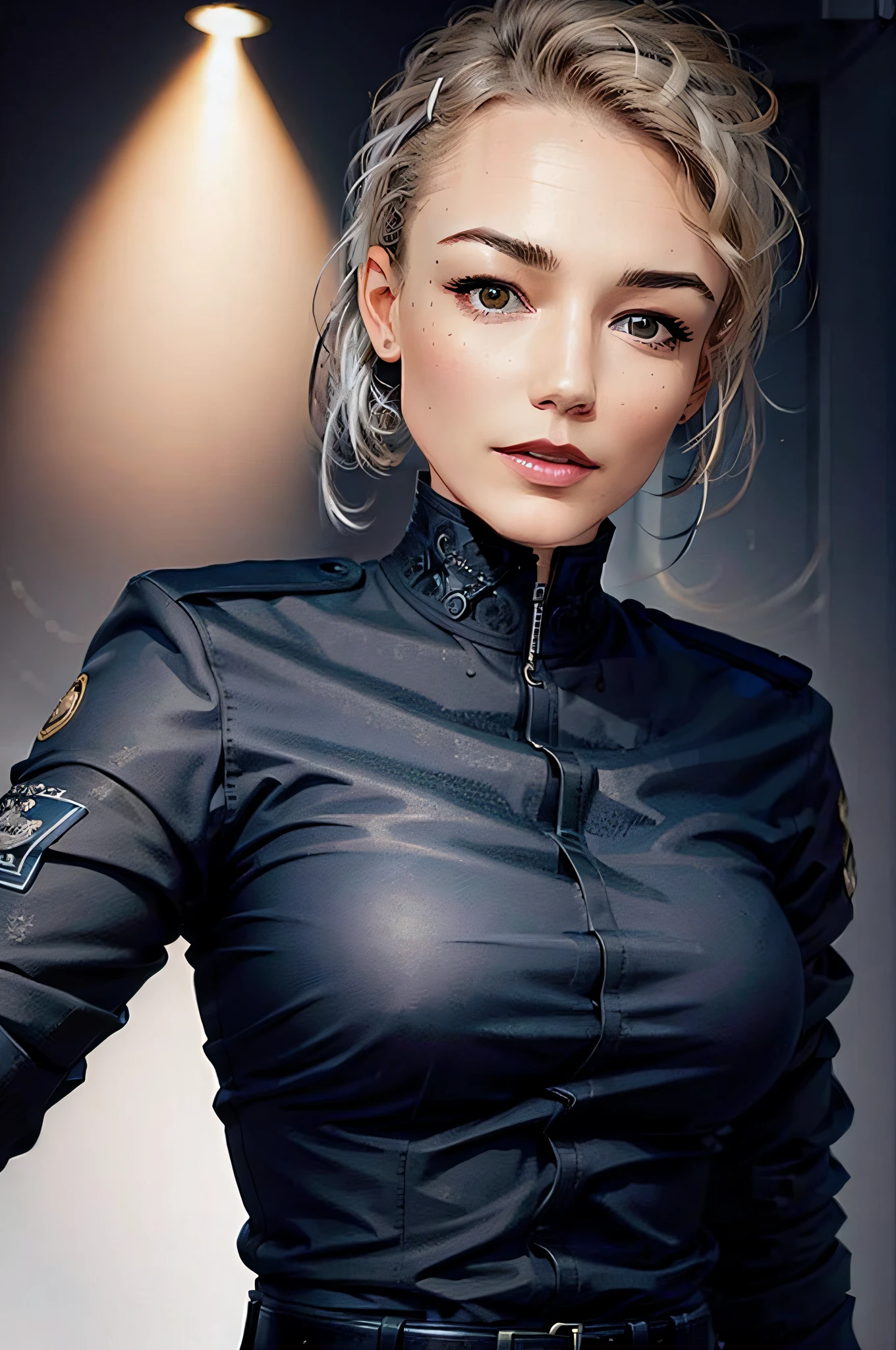 photo of a police woman, police station, police uniform, black stockings, hd, 8k, (intricate details, hyperdetailed:1.15) (skin texture:1.2), ((masterpiece)), (high quality), (best quality), (detailed), hd, perfect lighting, detailed face, detailed body
