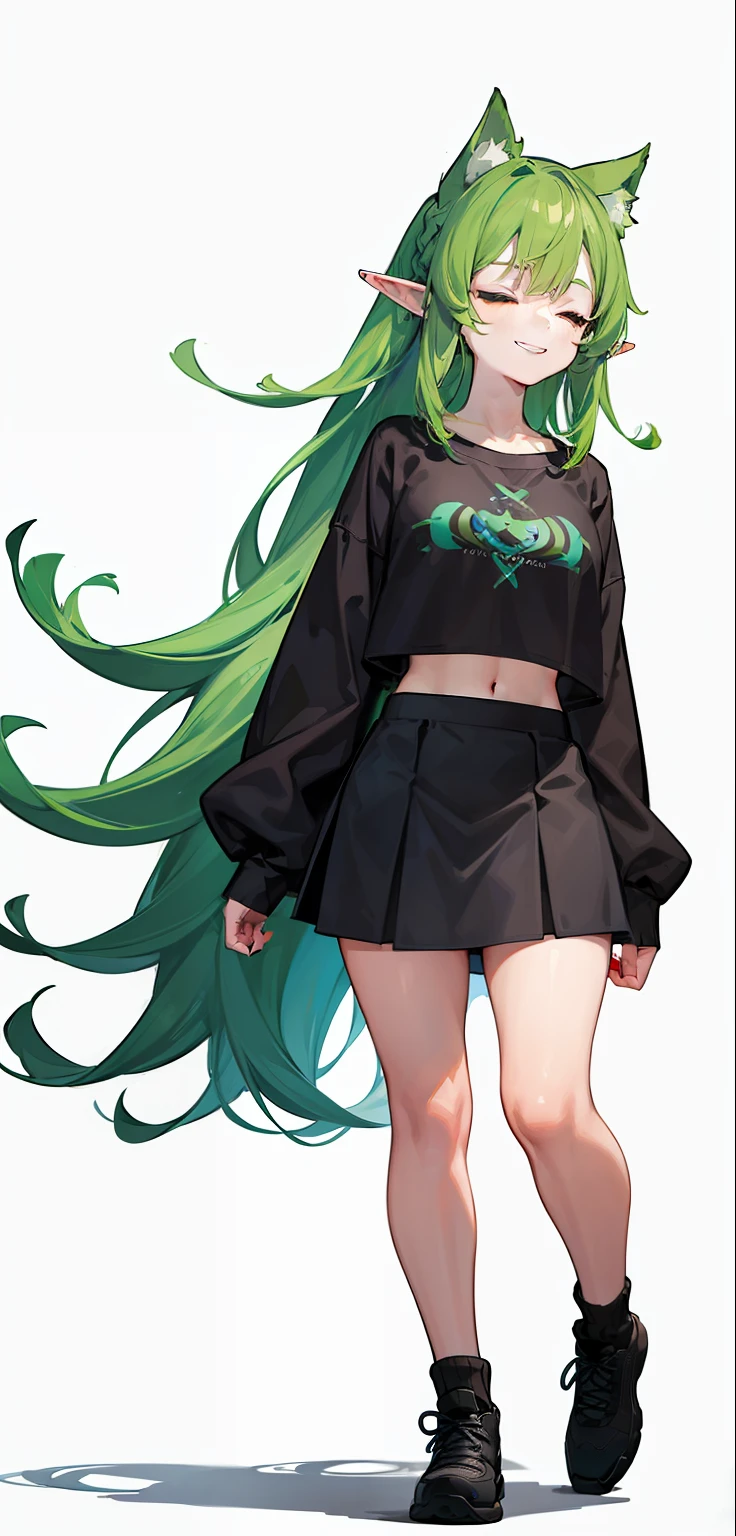 1 Girl, eyes closed, nose, elf ear, eyebrow, smiling, teeth, big green hair, blue hair ends, bangs, hair between eyes, lora:add_detail, short sweatshirt on belly, short skirt, slim waist, belly , big chest, thick legs, big thigh, standing