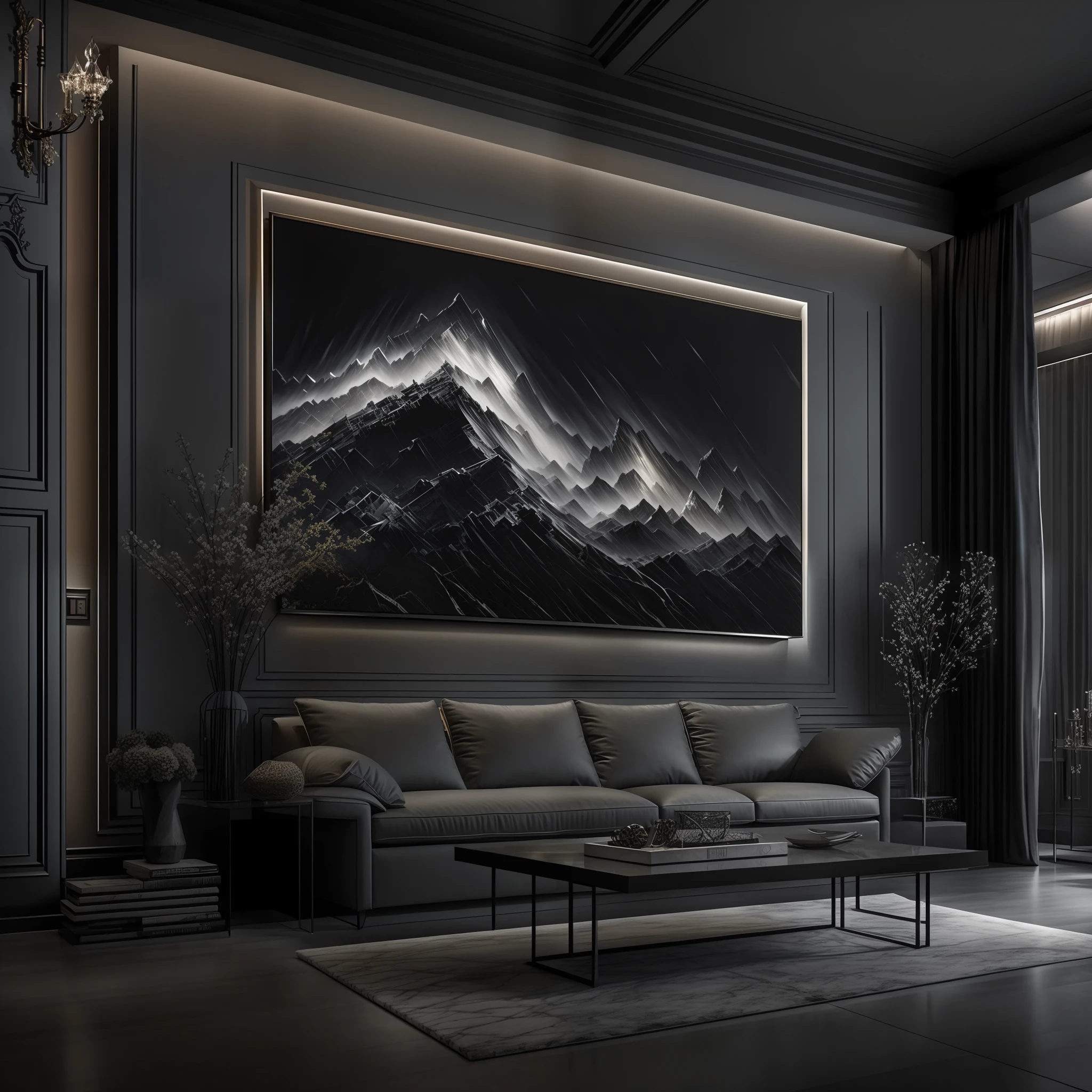 new realism, black light painting, acrylic painting, ash gray wall, dark fantasy interior design, living room plan of elegance atmosphere, ips-wide-50-inch-monitor low key lighting, dark fantasy interior design,