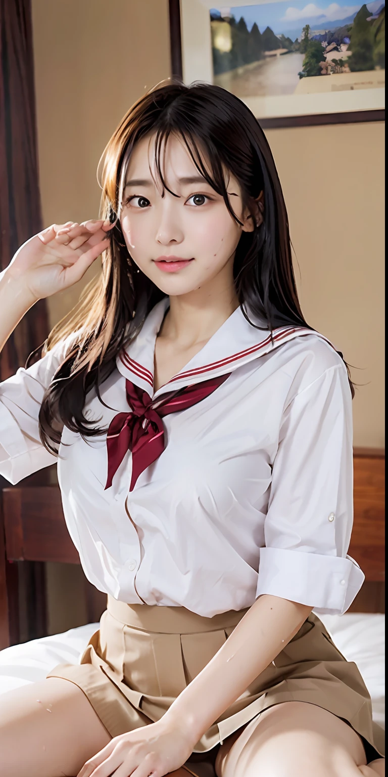 ulzzang-6500-v1.1, (Raw photo:1.2), (Photorealism), Beautiful detailed girl, Very detailed eyes and face, Beautiful detailed eyes, Huge file size, (Big), High Resolution, Very detailed, Best quality, [Masterpiece:1.6], [JK Uniform], Illustration, Very detailed, CG, Fine detail, Best quality, Very detailed CG uniform 8k wallpaper, Movie Lighting, 1 girl, 17 years old, cute Japan high school girl, perfect figure, [wearing white school blouse unbuttoned], large taut breasts, [huge breasts, heavy breasts, H cup: 1.8], cute drooping eyes, beautiful big eyes, white school blouse, bra, sweaty and wet, [sexual arousal: 1.1], lying in bed: 1.5], hands raised, School uniform ribbon around neck, smile, (the whole body is wet), shining eyes