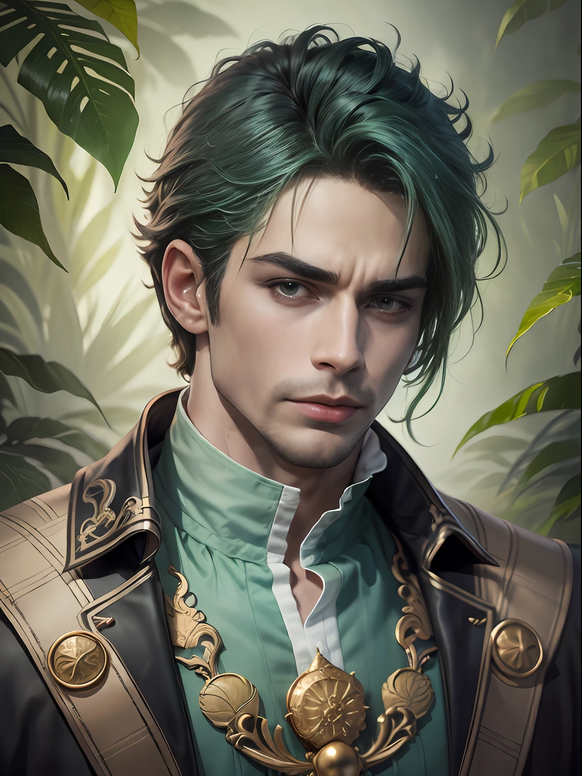 Arafed macho com cabelo verde, retrato masculino da fantasia, masculino bonito, Um retrato de um mago masculino, trending in the artstation, Beautiful androgynous prince, casimiro arte, um mago macho, Rio Masculino, cara bonito na arte demon slayer, Skinny Masculino Fantasia Alquimista, personagem de fantasia hiperdetalhado, arte do personagem masculino humano. pele morena, moreno, homem moreno, cabelo verde, roupa grande, roupa cobrindo corpo, roupa de mago, serious face, olhar reto