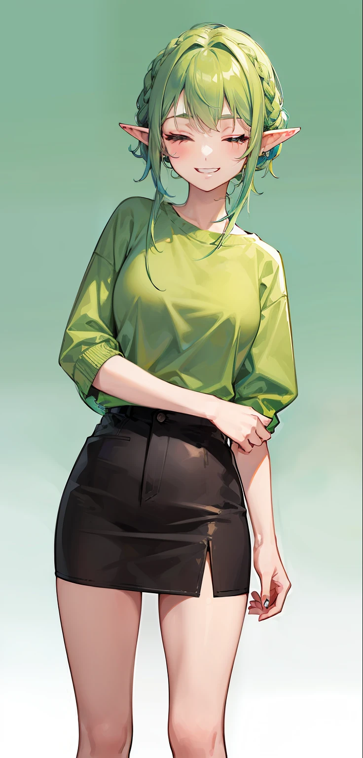 1 Girl, eyes closed, nose, elf ear, eyebrow, smiling, teeth, big green hair, blue hair ends, bangs, hair between eyes, lora:add_detail, short sweatshirt on belly, short skirt, slim waist, belly , big chest, thick legs, big thigh, standing