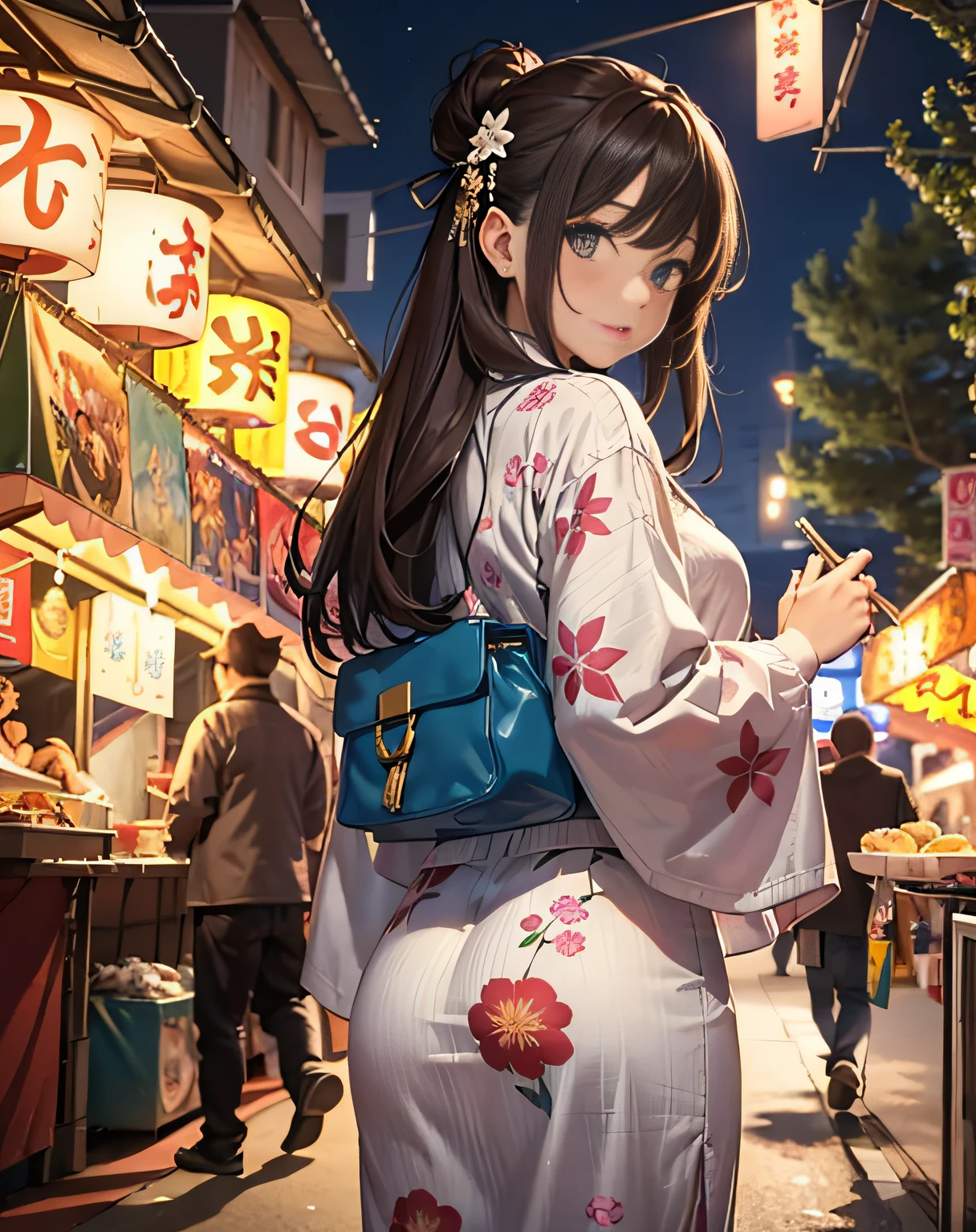 masterpiece, best quality, ultra-detailed, illustration, omatsuri, food stand, 1girl, beautiful eyes, looking at viewer, from behind, cowboy shot, looking back, yukata, tree, outdoors,road, walking, crowd, night, lantern, festival, food, pavement, crosswalk, paper lantern, lamppost, brown hair, night sky,