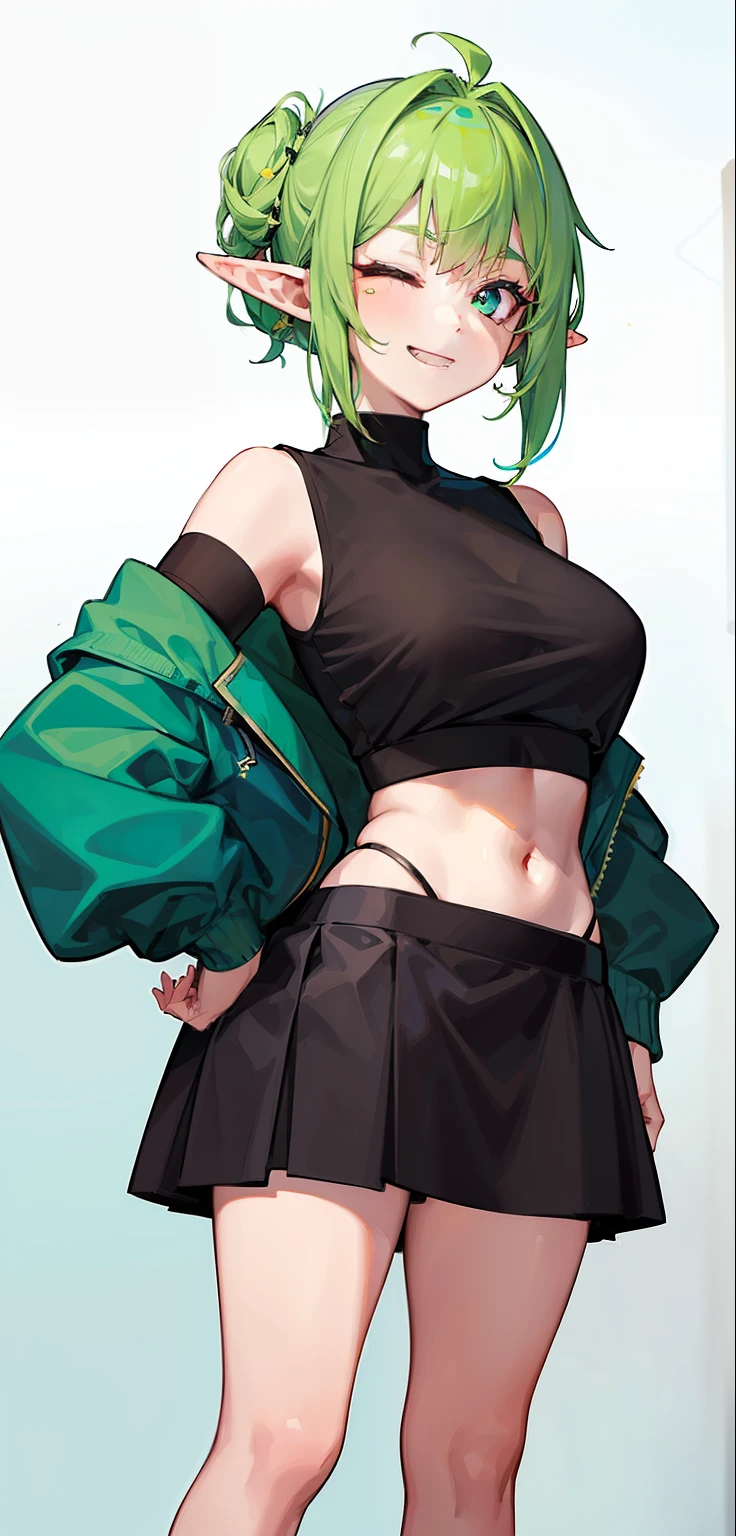 1 Girl, eyes closed, nose, elf ear, eyebrow, smiling, teeth, big green hair, blue hair ends, bangs, hair between eyes, lora:add_detail, short sweatshirt on belly, short skirt, slim waist, belly , big chest, thick legs, big thigh, standing