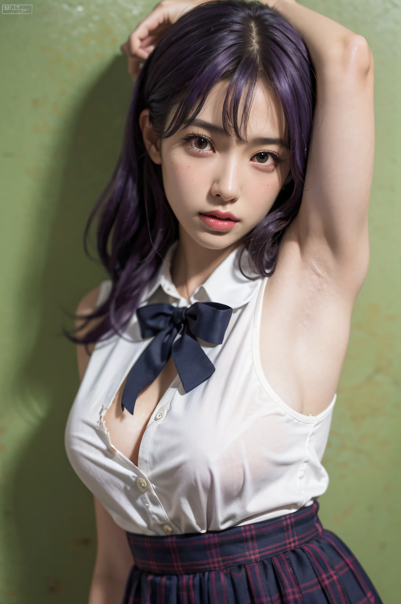 (A hyper-realistic), (illustratio), (hight resolution), (in 8K), (ighly detailed), (The best illustrations), (beatiful detailed eyes), (top-quality), (ultra-detailliert), (​masterpiece), (wall-paper), (详细的脸), Reluctant face,Beautiful armpits,Hands tied,Purple hair color, ,Upper body close-up,Girl in high school uniform,Clothes are torn, japanes, Colossal tits, (camel's toe)