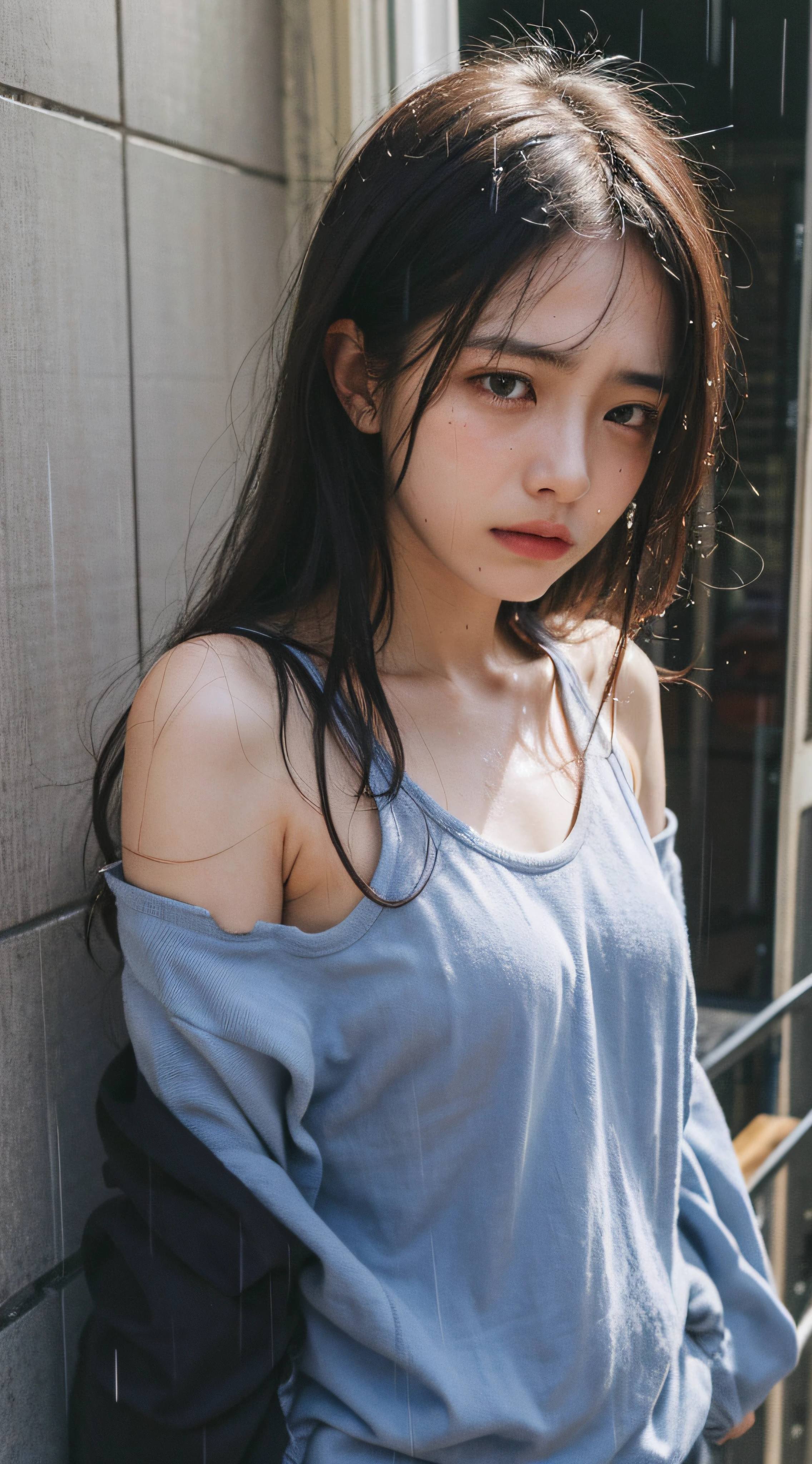 Highest quality, masterpiece level, ultra-high definition, fidelity 1.4, taking a photo, a girl [(sad)] appears, wearing a white shirt, the scene is dim and dark, showing despair, pity, pity. Like in a movie, with tears in his eyes and tears on his face. There are tears on the clothes (weight 1.5), soaked clothes (weight 1.4) and bare shoulders. It was really raining and my hair was soaked.