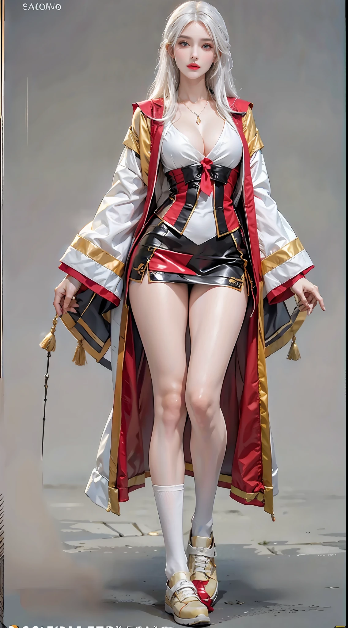 Photorealistic, high resolution, 4K,hyper HD,Top image quality,Beautiful woman, Face texture detail 1.2,Solo, view the viewer, (Detailed face), White hair, Long hair, colorful robes,JK school uniform, Large breasts,cleavage,Emerald necklace,Long blonde hair scattered,ssmile,Full body photo 1.3,Thin leg,black over-the-knee socks,legs focus