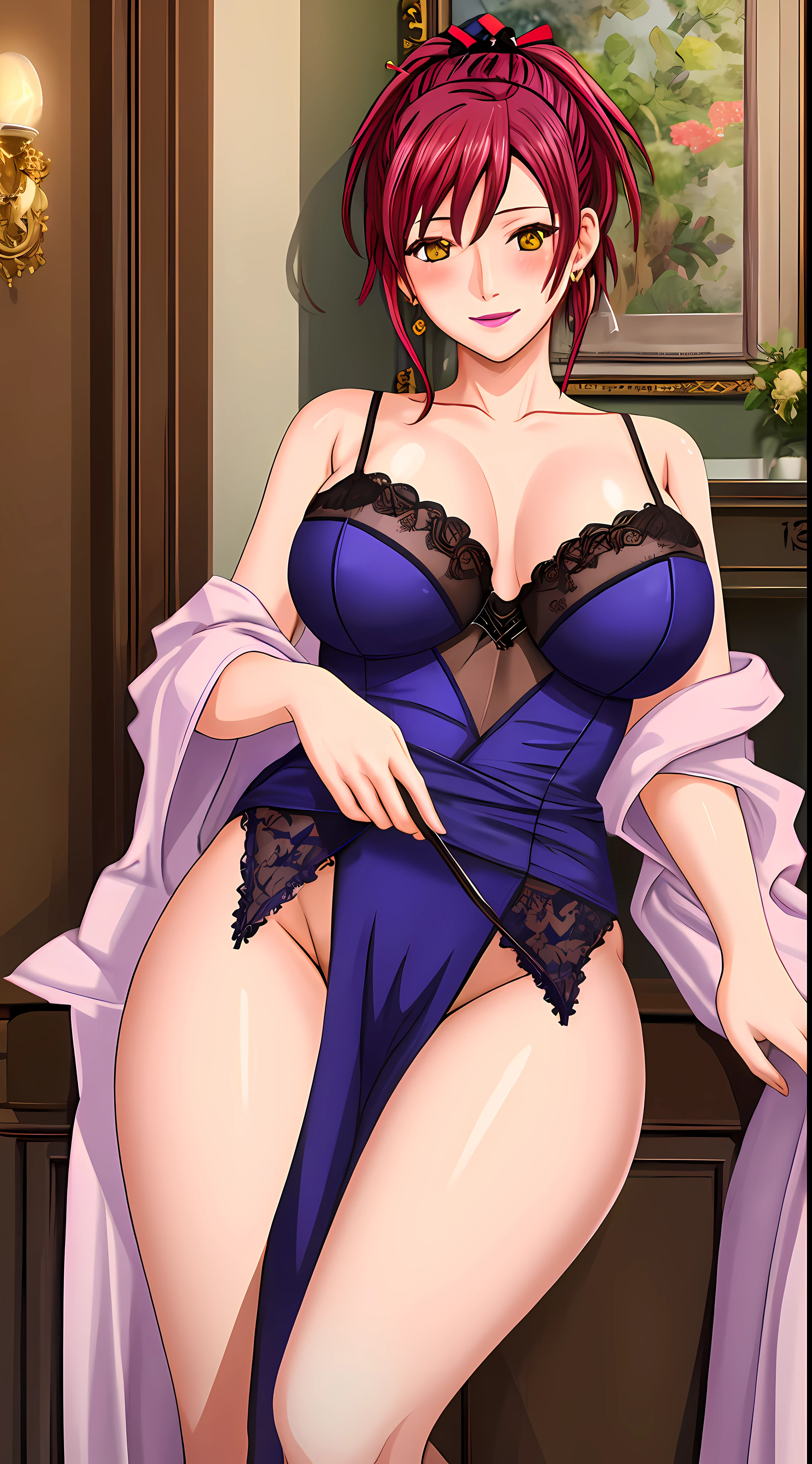(Masterpiece, Best Quality, High Quality:1.4), professional artwork, Intricate Details, field of view, sharp focus, detailed painting, photorealistic lighting, trending on pixiv, (vivid lighting, vibrant colors:1.05), realistic shadows, ambient occlusion, 4K, Masterpiece, highres, absurdres, smiling,edgTemptation, a woman in a sexy lingerie sheered robe posing for a picture , wearing edgTemptation, Marie Mamiya, (red hair:1.05), hair ornament, lipstick, makeup, (mole under eye:0.9), ultra detail hair, ultra detail face, (yellow eyes:1.05), perfect eyes, perfect face, earrings, (seductive look, blush:1.2), (glowing eyes)